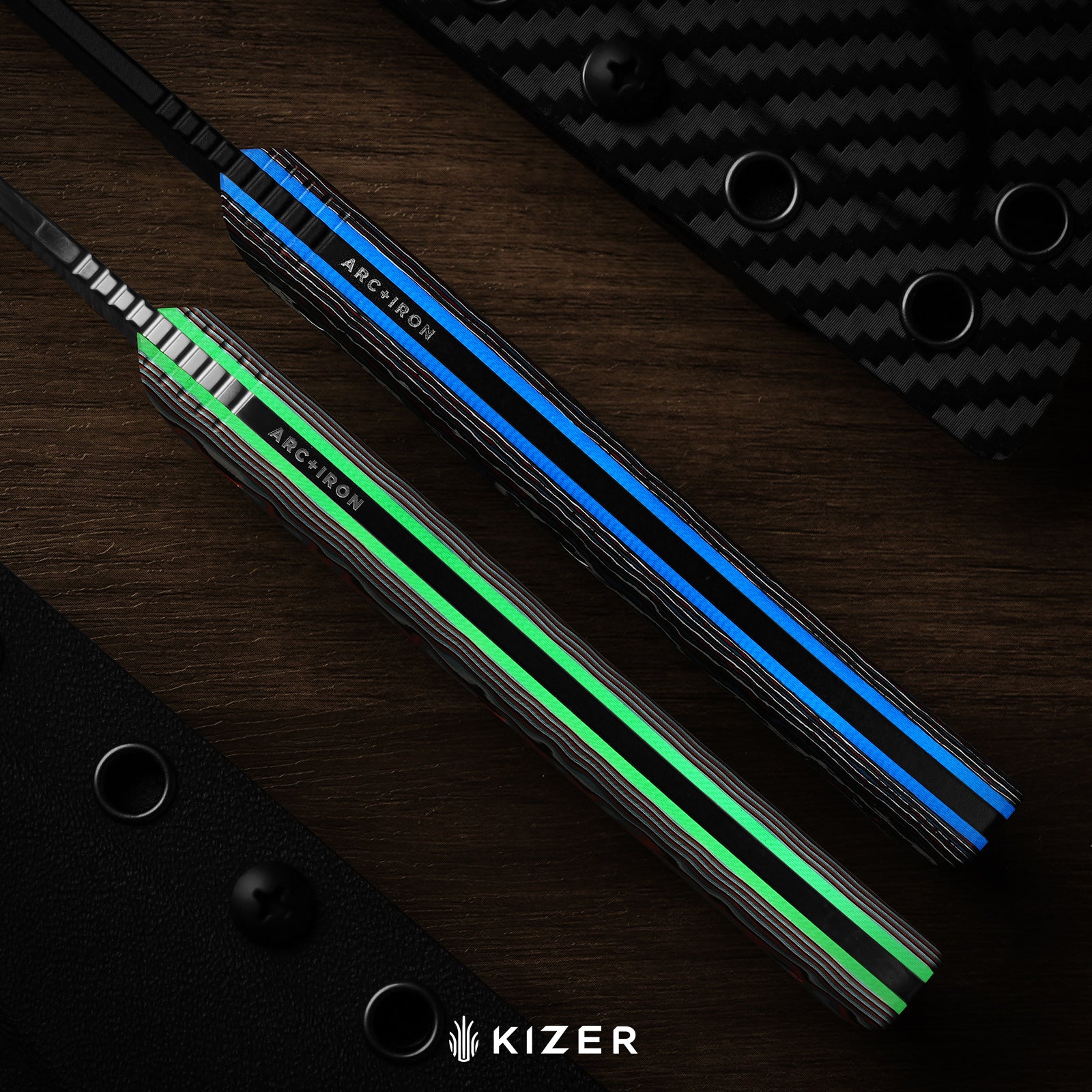Whip Tail | Designed by Arc and Iron Knives | vortex pattern micarta & GID G10 | AEB-L | KizerV™1131A2