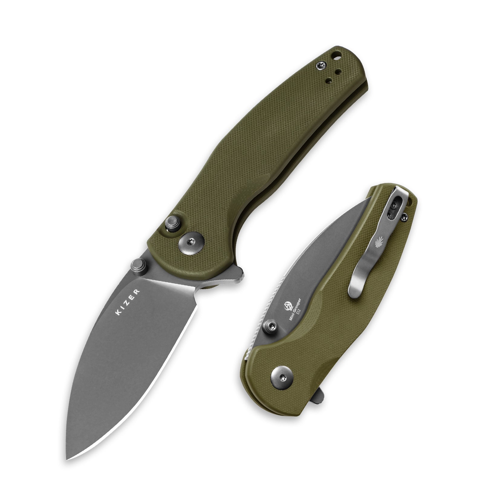 Mini Grouper | D2 | Olive Green G10 | KizerV™ 3669A3