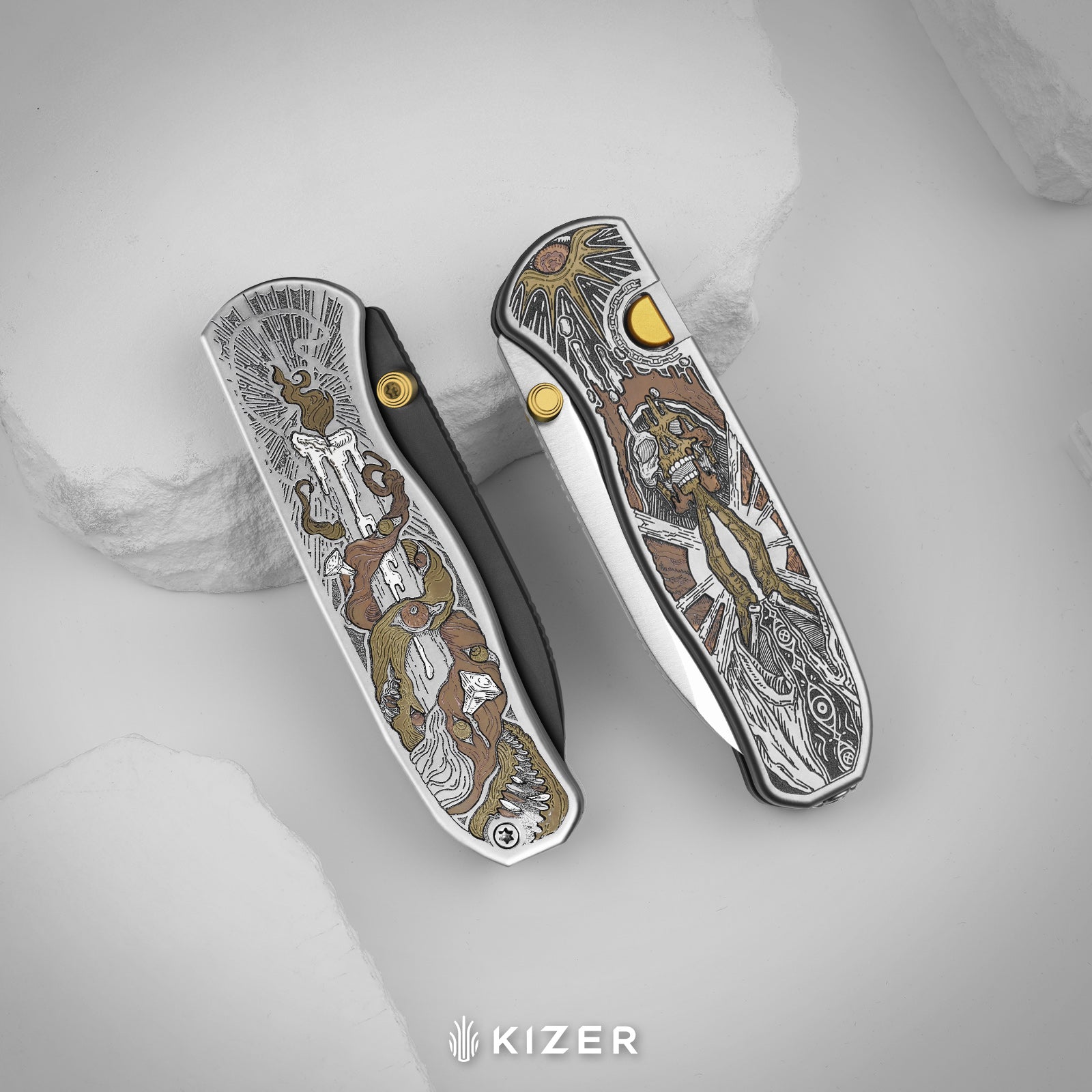 Drop Bear® Zero | Vanax | Hand-brushed | Hollow Grind | Titanium (Laser Engraved with Multi-tone Inlays) | Kizer Button Liner Lock™ | KizerX™ 3619BDLA1