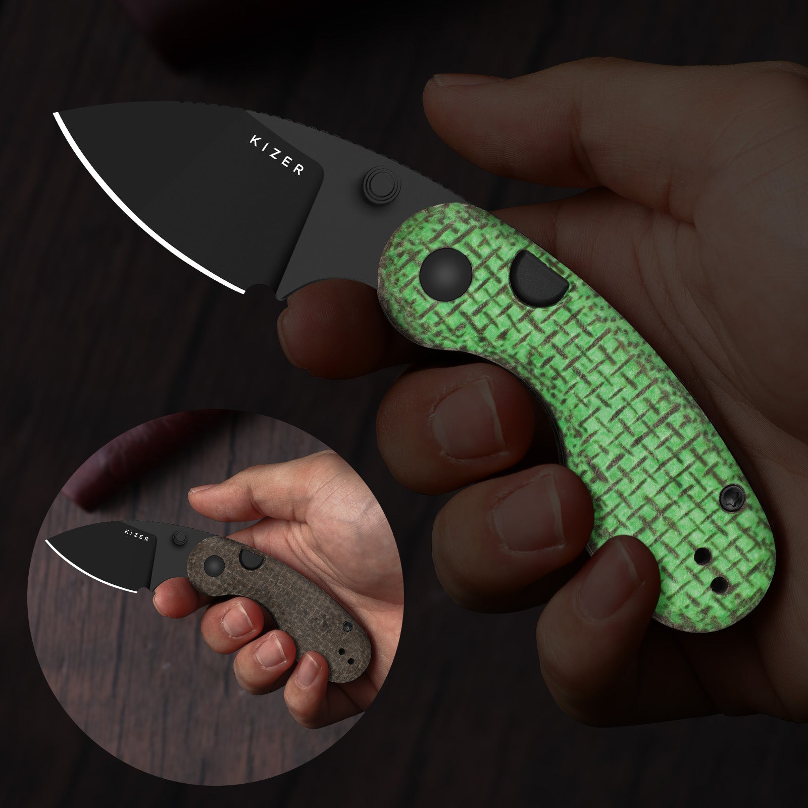 Microbe™ | GID Canvas Micarta Handle | Kizer Button Liner Lock™ | 14C28N | KizerV™ 2742A9