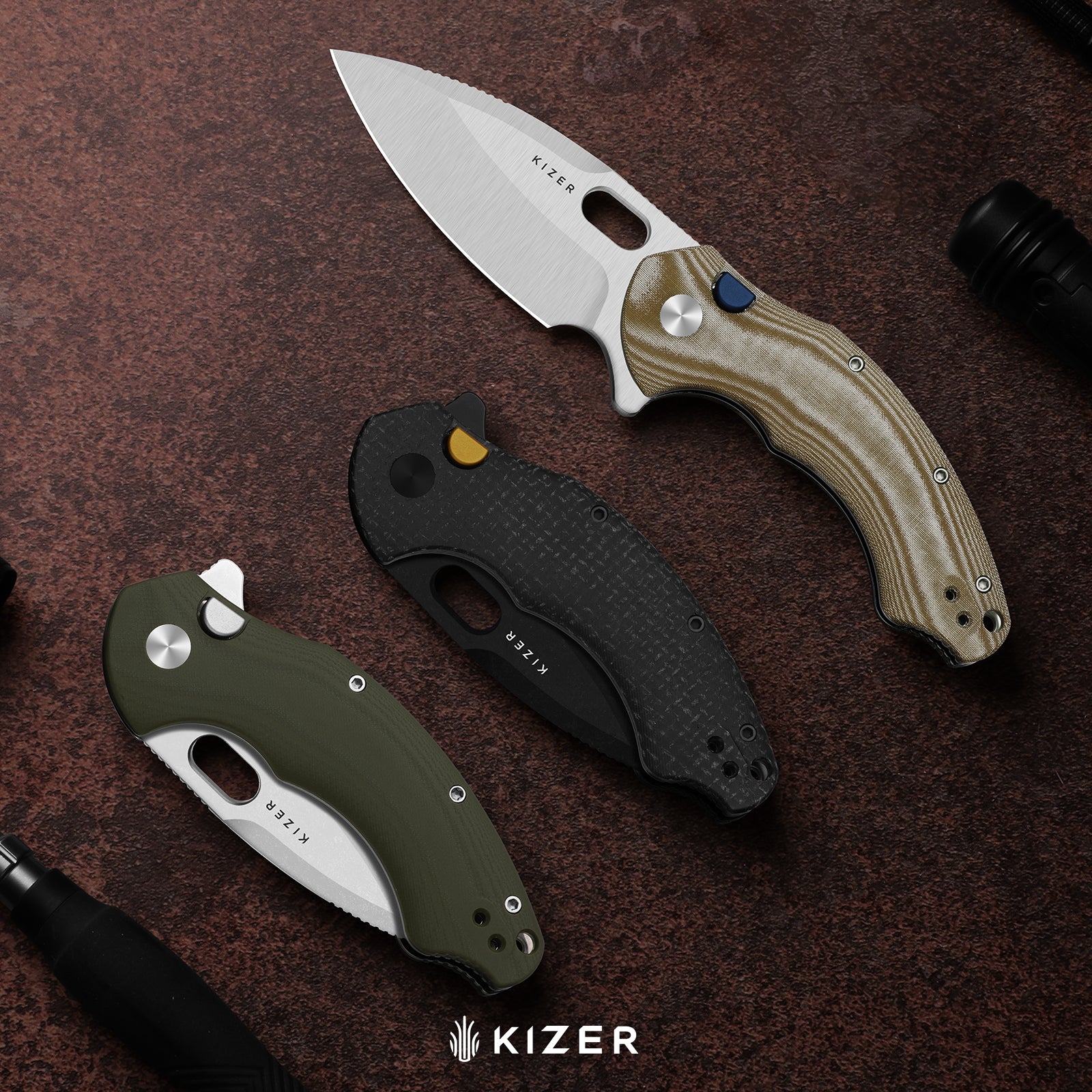 Roach XL | Kizer Button Liner Lock™ | 14C28N | Micarta | KizerV™ 4477BDA2