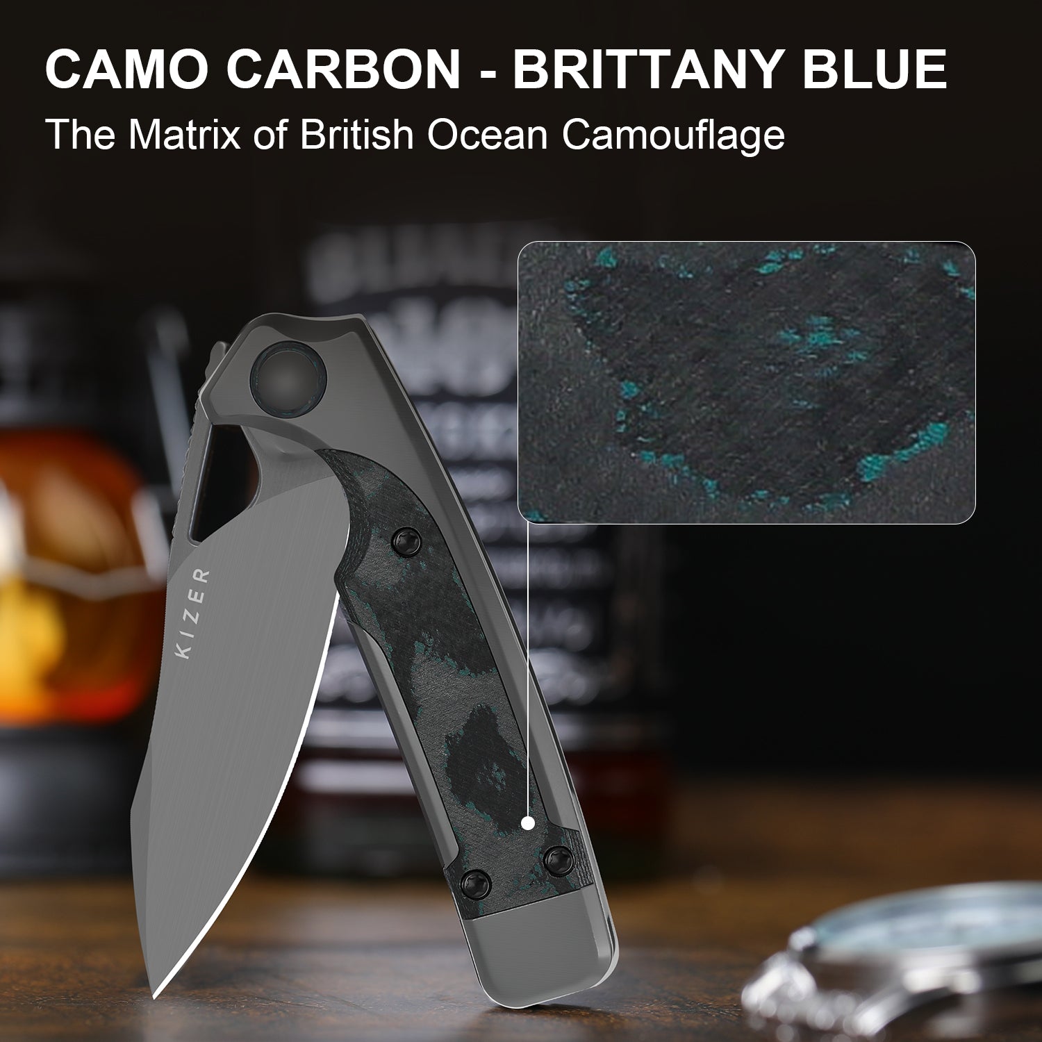 Ara | S45VN | Titanium & Camo Carbon Brittany Blue | KizerB™ 3729A2