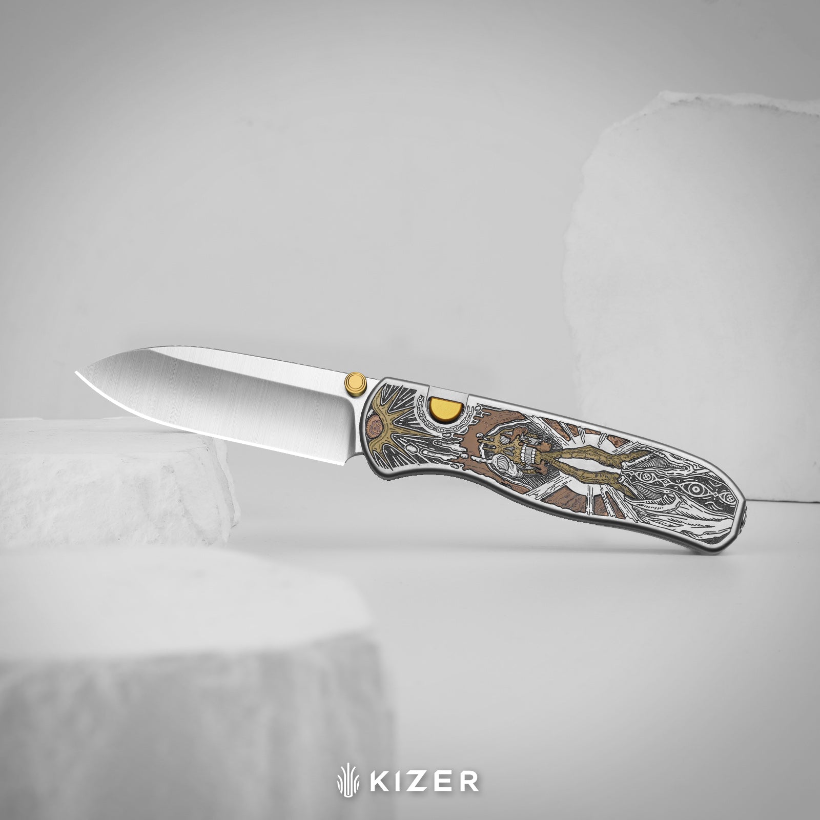 Drop Bear® Zero | Vanax | Hand-brushed | Hollow Grind | Titanium (Laser Engraved with Multi-tone Inlays) | Kizer Button Liner Lock™ | KizerX™ 3619BDLA1