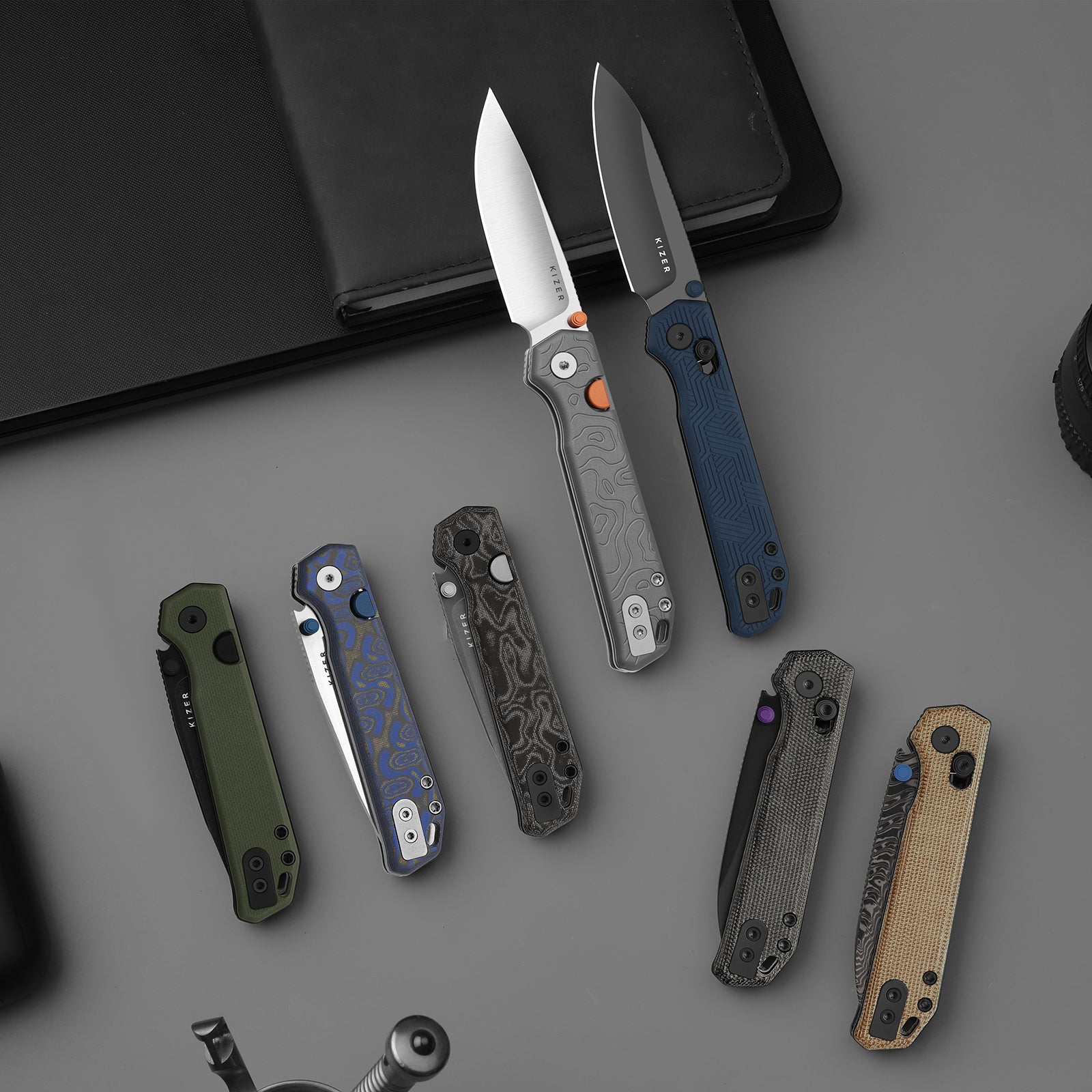 Begleiter 2.9 | Kizer Button Liner Lock™ | Vortex Pattern Micarta | BD1N | Gray PVD | KizerV™ 3458.2BDA2