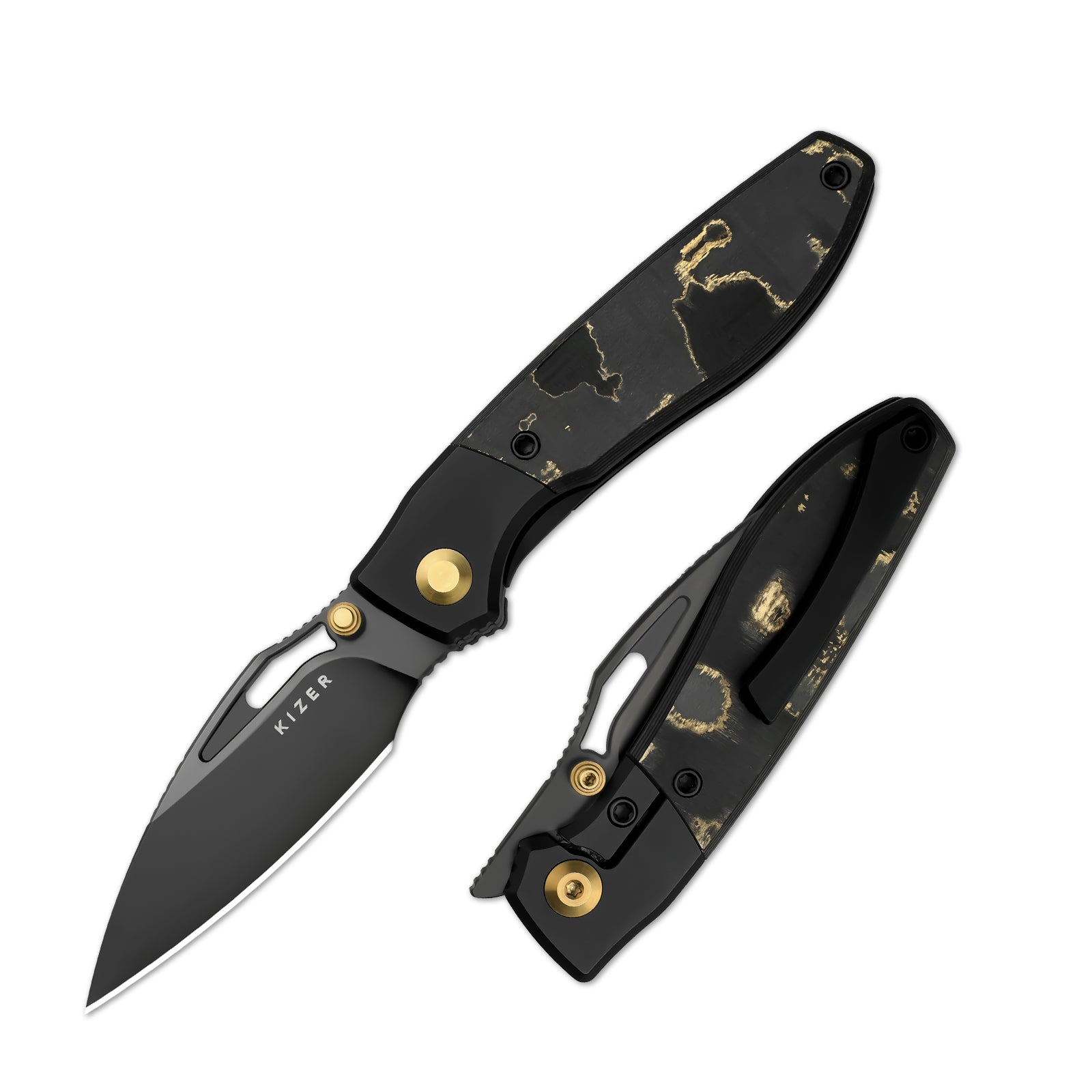 Shrike | S45VN | Titanium & Fat Carbon Camo Gold | Matte DLC Ultra | Front Flipper | KizerB™ 3746A2