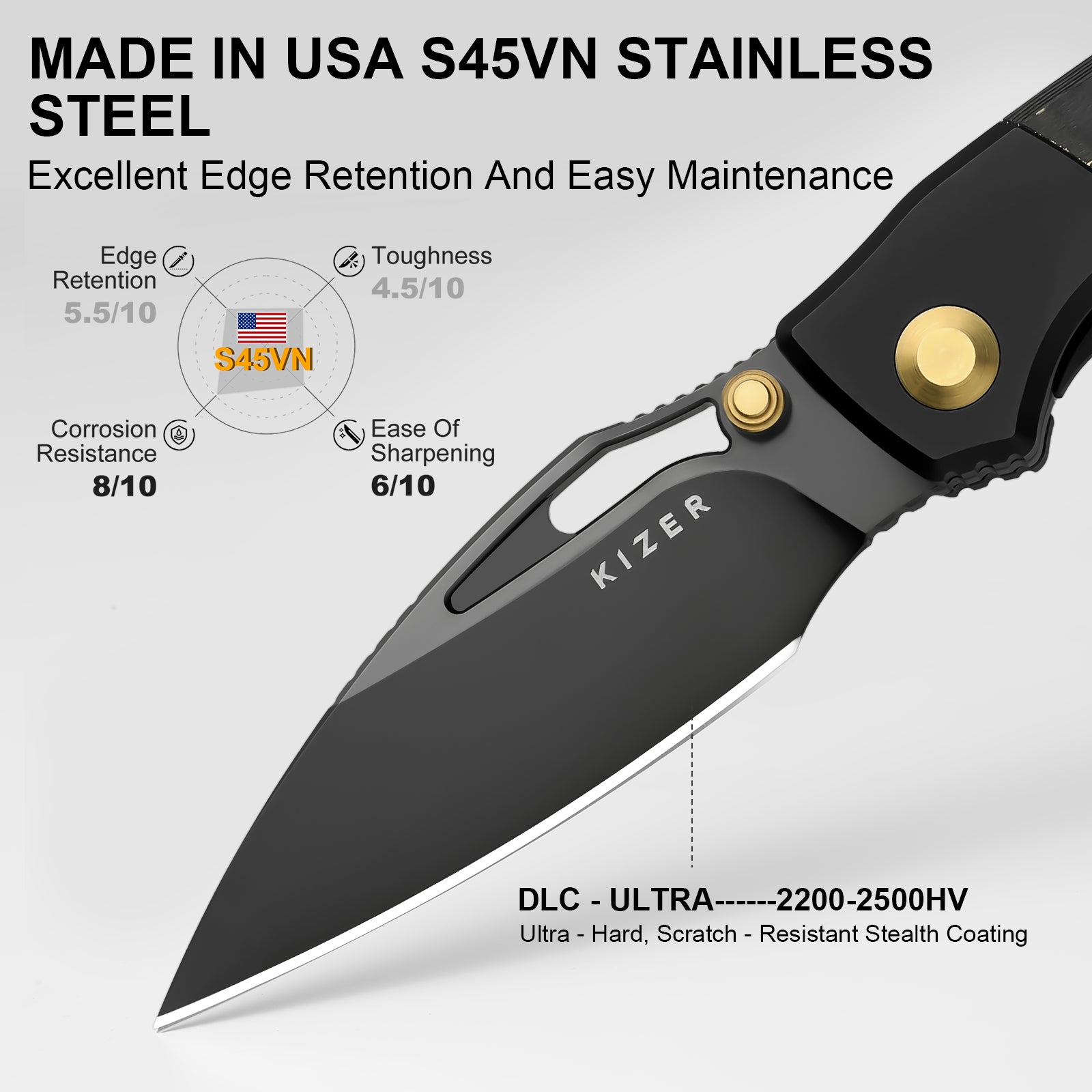Shrike | S45VN | Titanium & Fat Carbon Camo Gold | Matte DLC Ultra | Front Flipper | KizerB™ 3746A2