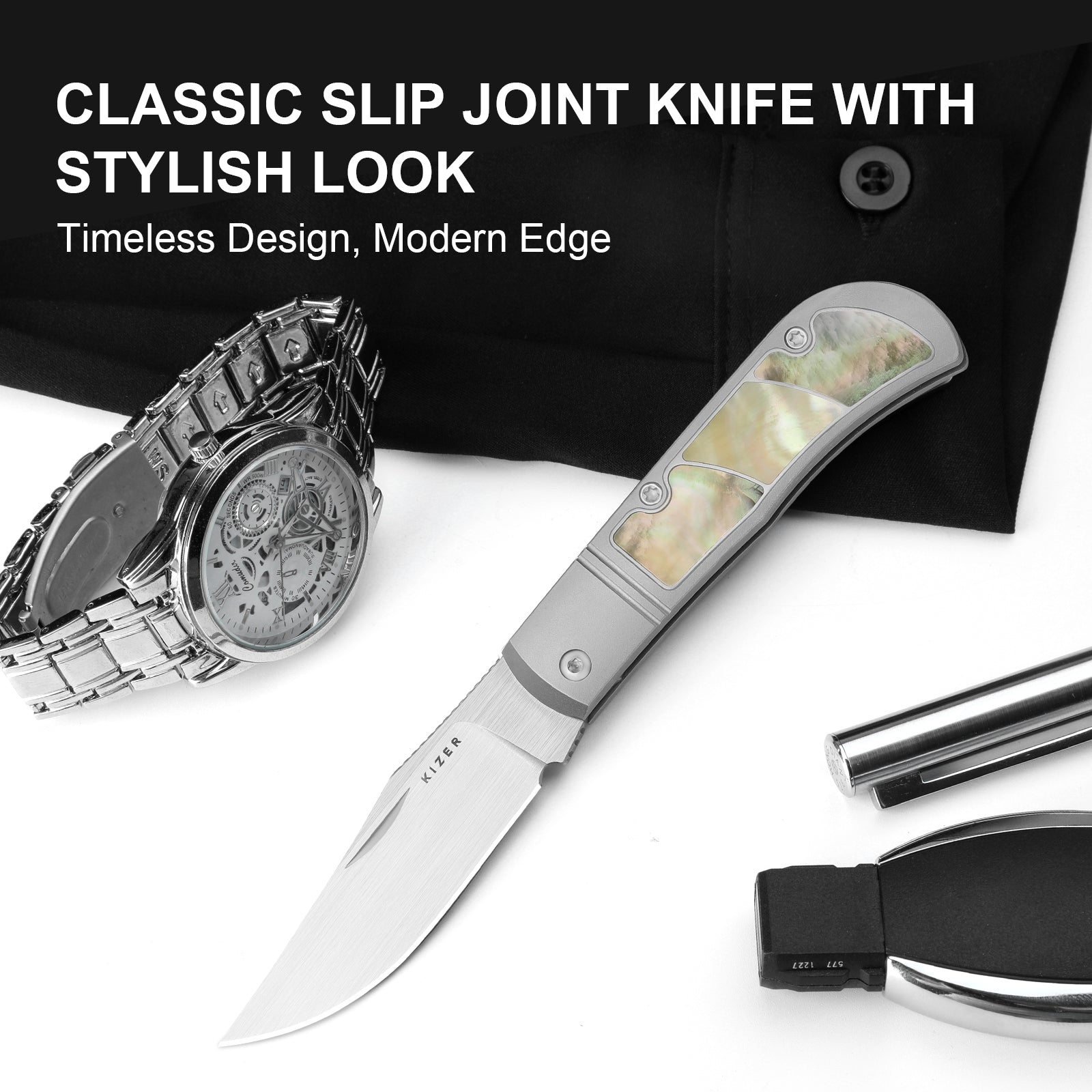 Trestle | S45VN | Titanium & Mother of Pearl | KizerB™ 3761A3