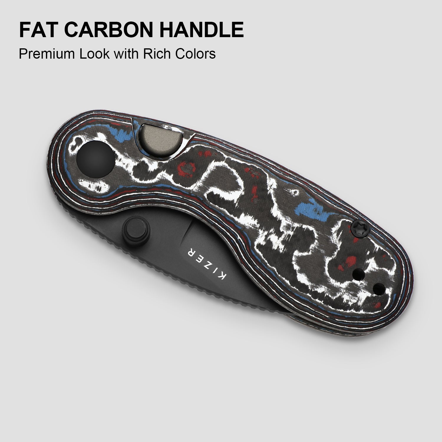 Microbe™ | Kizer Button Liner Lock™ | Ultra DLC | M390 | Fat Carbon | KizerB™ 2742A2