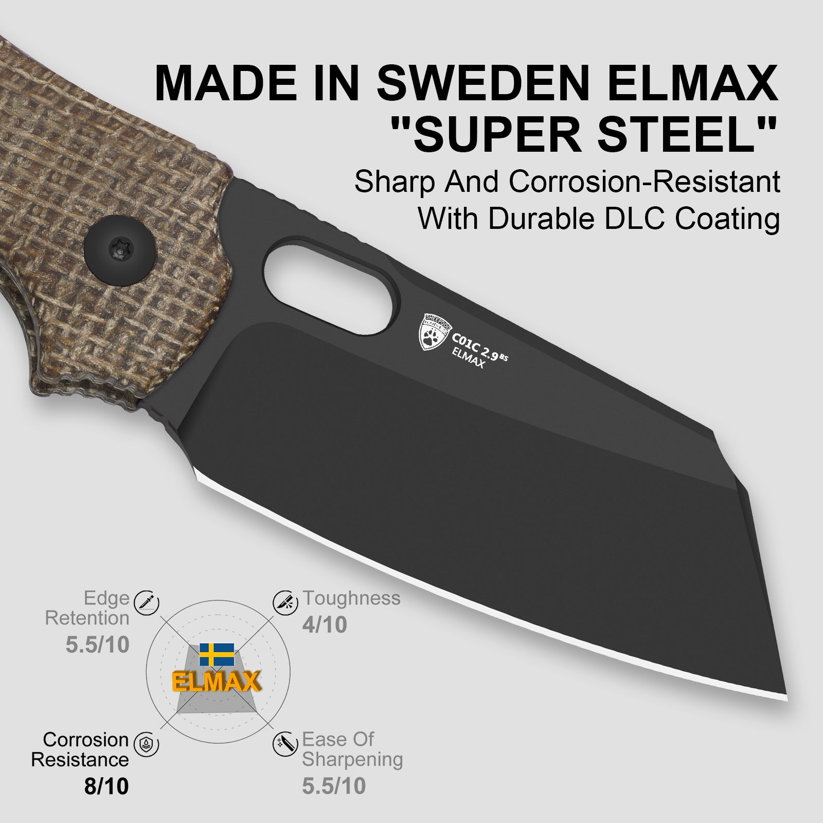 Sheepdog® Knives C01C | Kizer Button Liner Lock™ | DLC Ultra | ELMAX | Norplex UltreX™ Micarta | KizerB™ 3488.29BSA2