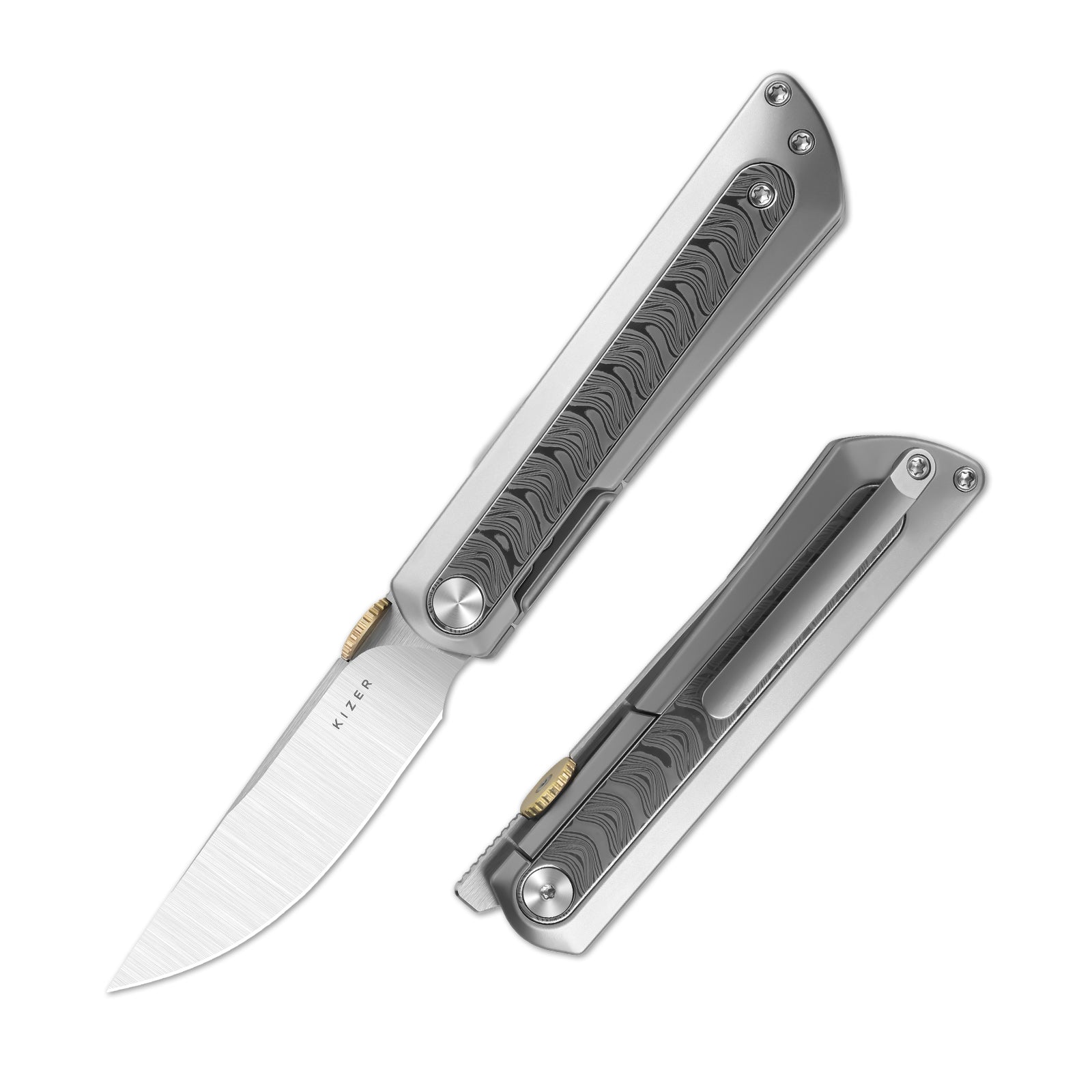 Quoll | S45VN | Titanium & Rainbow Damascus | Satin Brushed | KizerB™ 3733A1