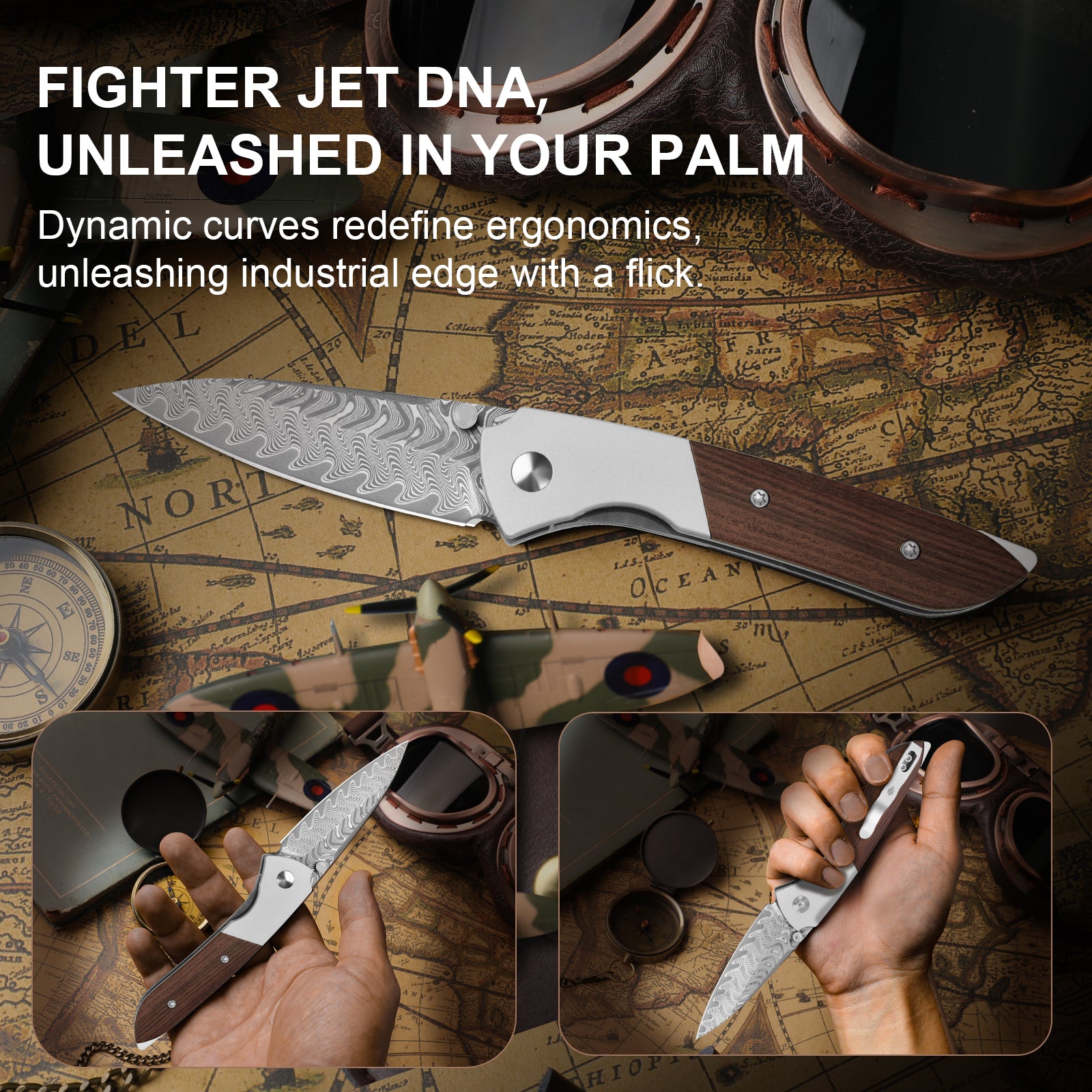 Spitfire | Damascus Steel | Aluminum & Mkuruti Wood | KizerV™ 3690A3