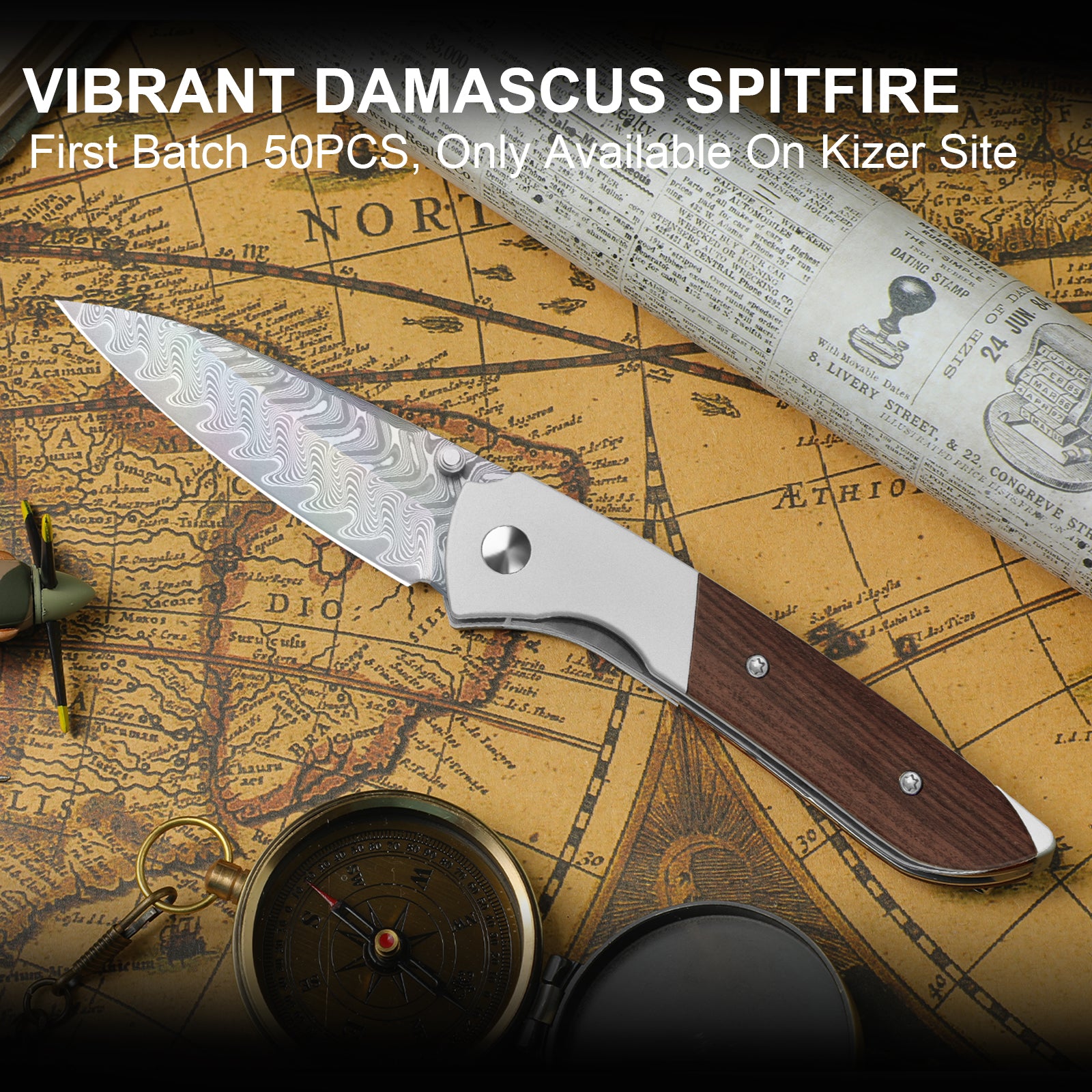 Spitfire | Vibrant Acid.Washed Finish | Damascus Steel | Aluminum & Mkuruti Wood | KizerV™ 3690A4