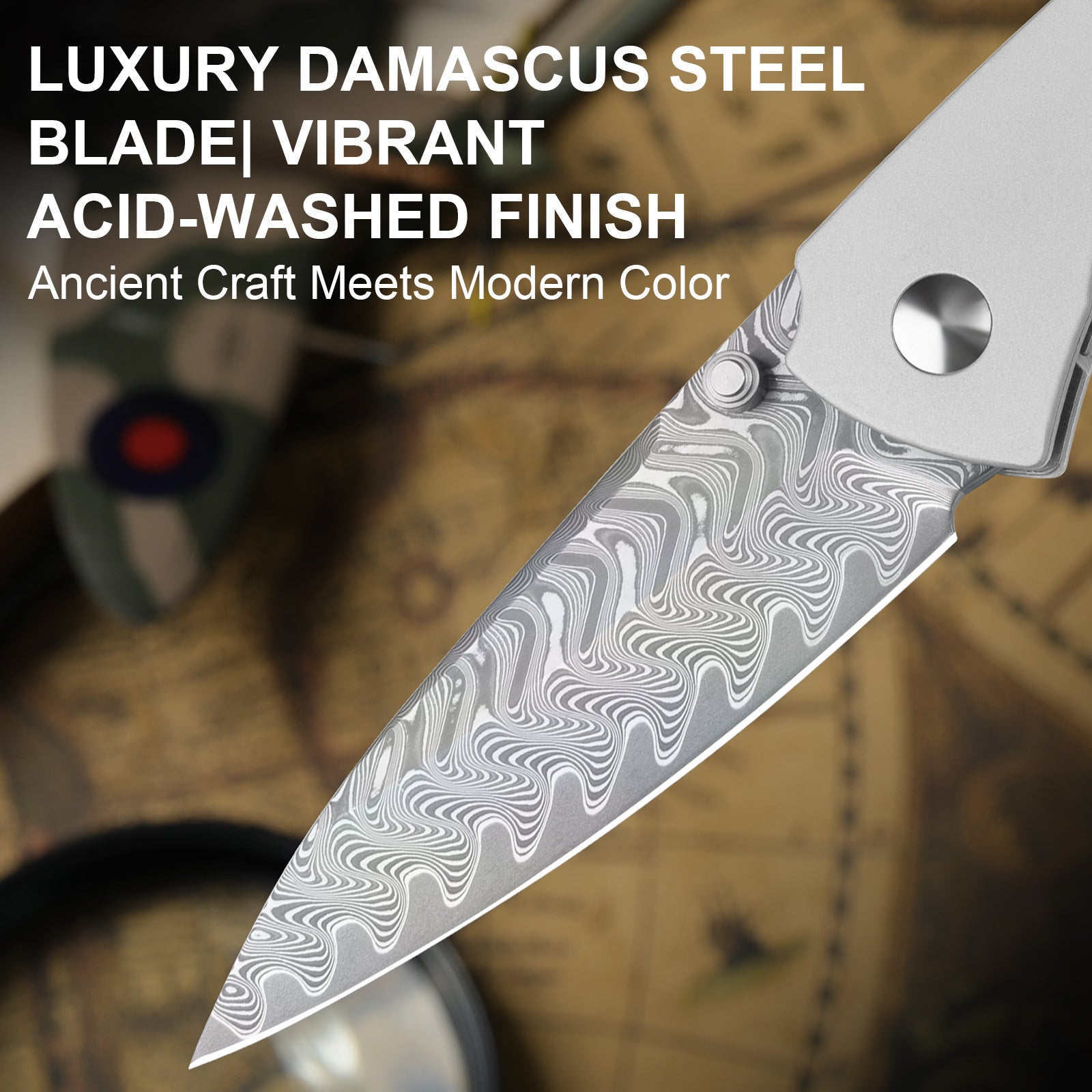 Spitfire | Vibrant Acid.Washed Finish | Damascus Steel | Aluminum & Mkuruti Wood | KizerV™ 3690A4