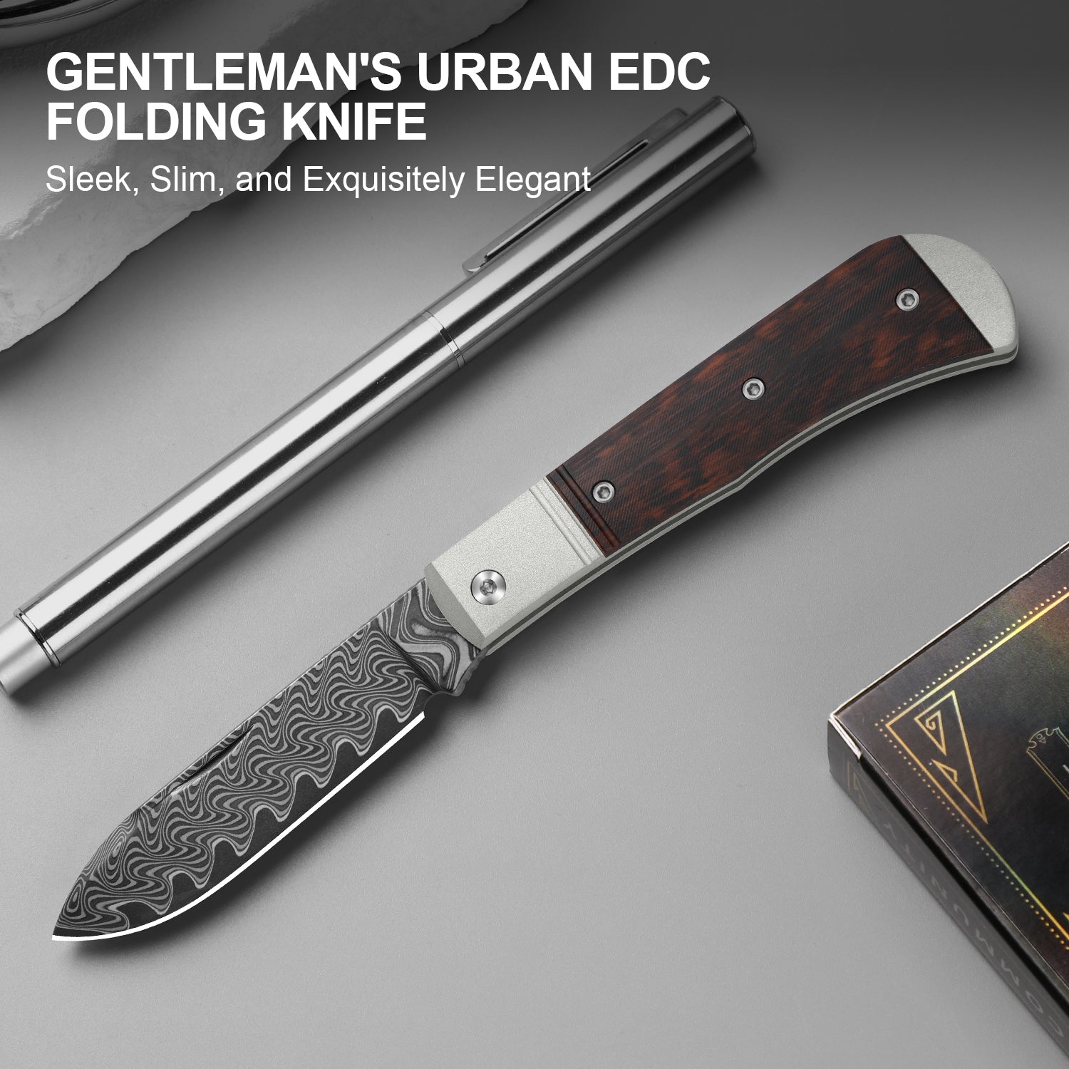 Trestle D | Acid-washed Damascus | Aluminum & Leopardwood | Slip Joint | KizerV™ 3760A3