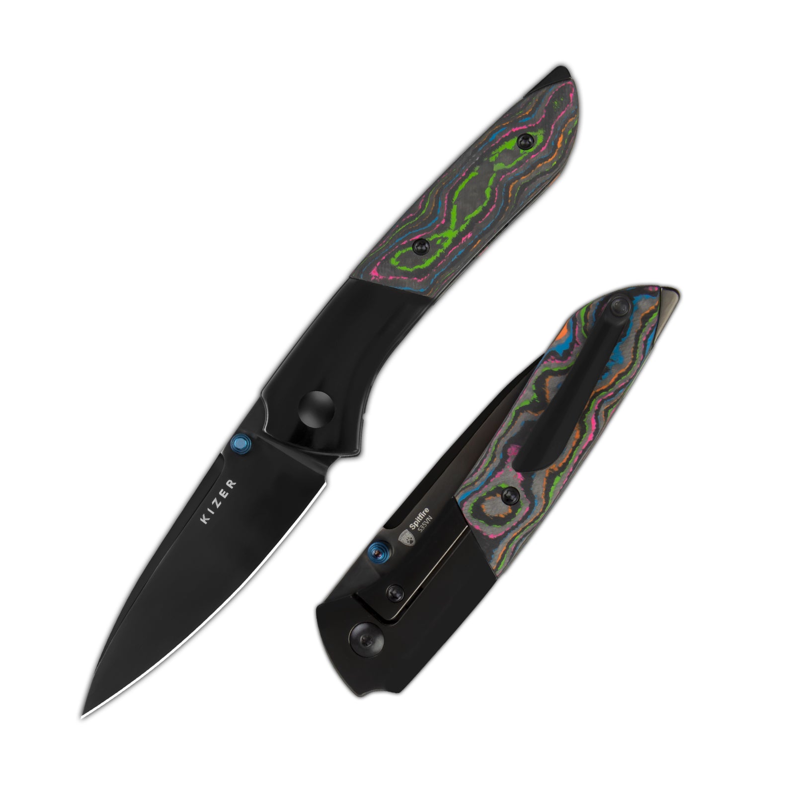 Spitfire | S35VN | Polished DLC | Titanium & Camo Carbon 80's | KizerB™ 3690A2