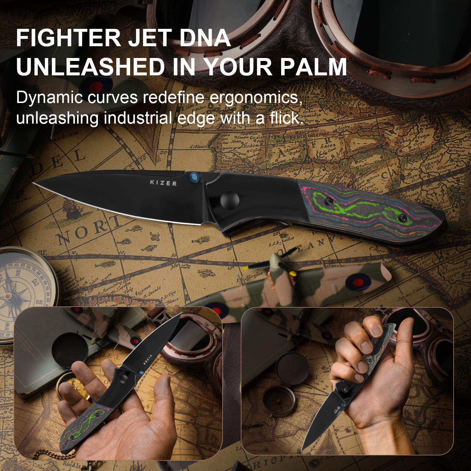 Spitfire | S35VN | Polished DLC | Titanium & Camo Carbon 80's | KizerB™ 3690A2