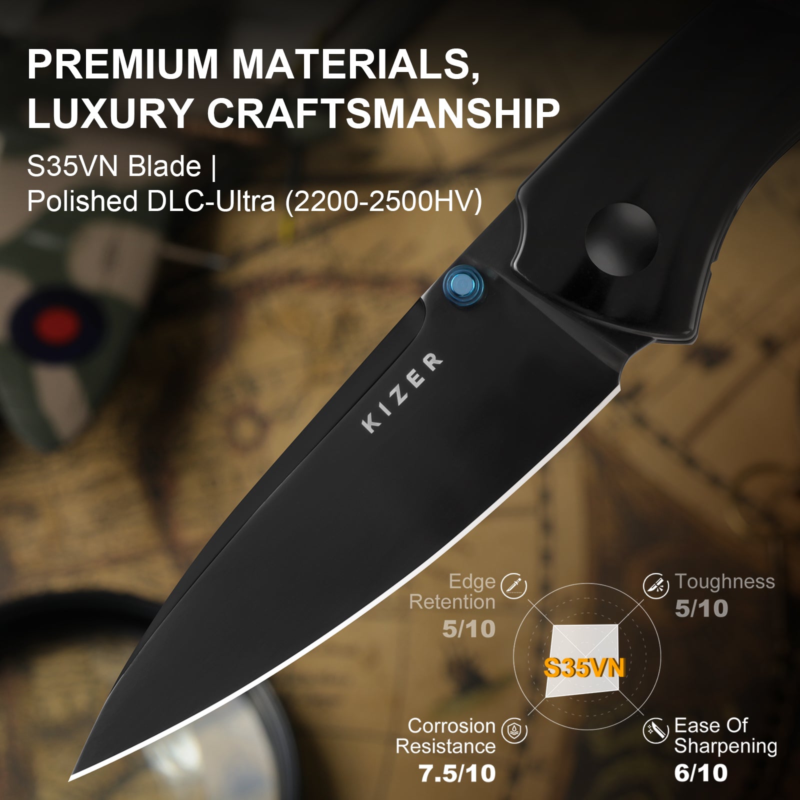 Spitfire | S35VN | Polished DLC | Titanium & Camo Carbon 80's | KizerB™ 3690A2