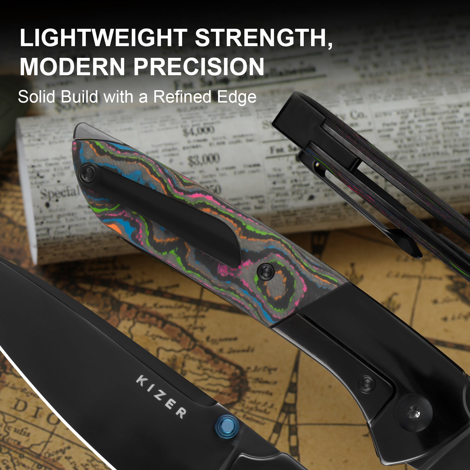Spitfire | S35VN | Polished DLC | Titanium & Camo Carbon 80's | KizerB™ 3690A2