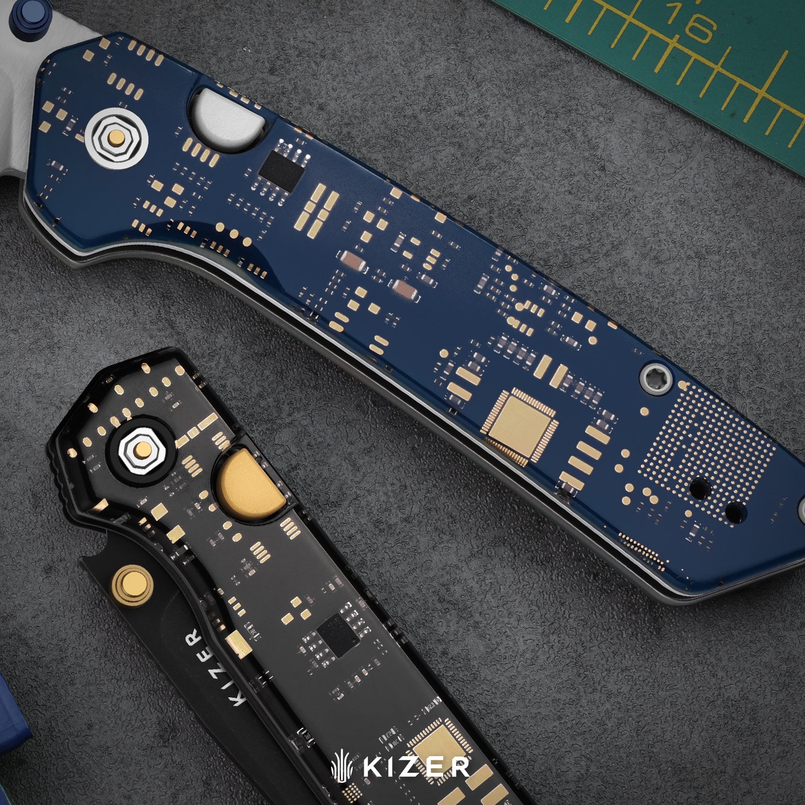 Madrac | Kizer Button Liner Lock™ | 14C28N | Resin & PCB | Black PVD Coating | KizerV™ 3693BSA3