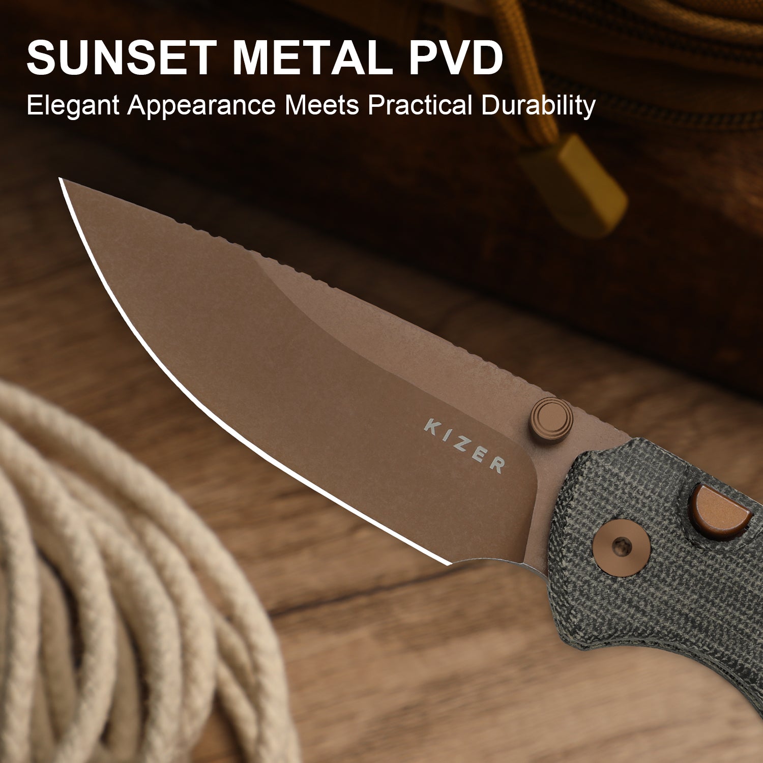 T1 BD | Button Liner Lock™ | Sunset Metal PVD | Nitro-V | Norplex UltreX Micarta | KizerV™ 3490.2BA2