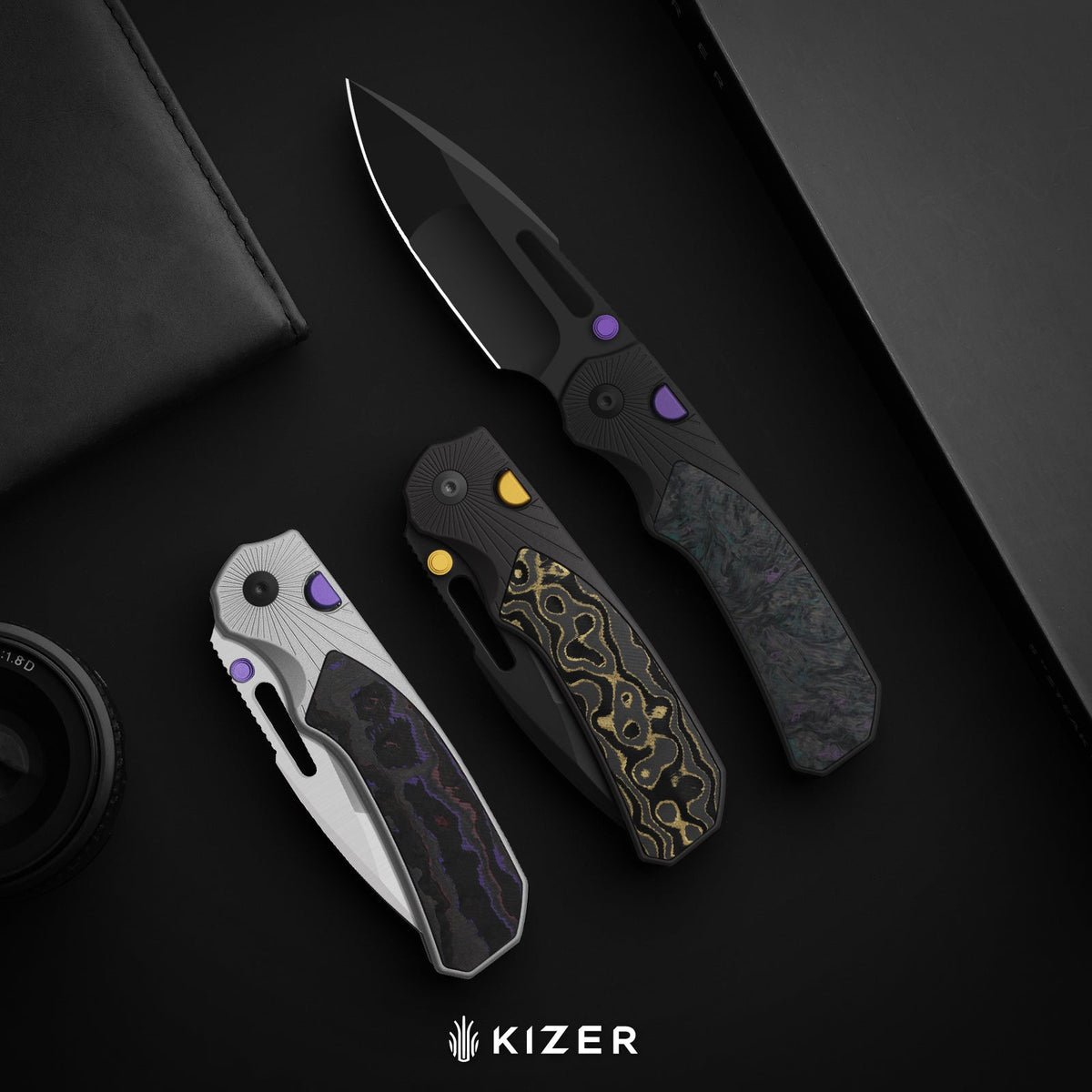Durandal | Kizer Button Liner Lock™ | Aluminum &  Fatcarbon® Black Dark Matter  | S35VN + Black PVD Coating | KizerB™ 3765BD1