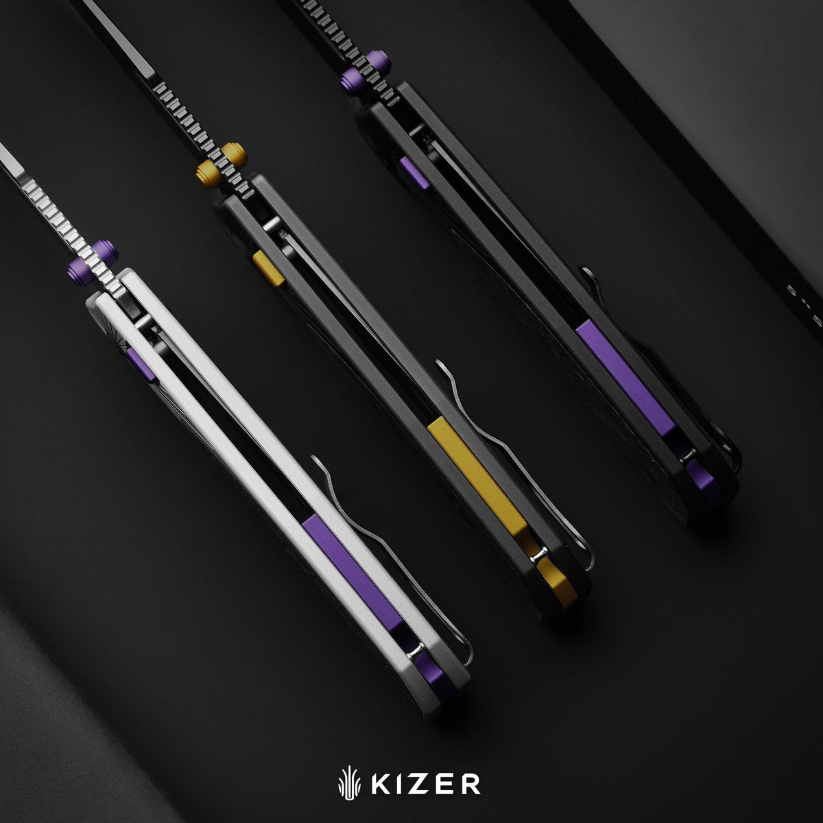 Durandal | Kizer Button Liner Lock™ | Aluminum &  Fatcarbon® Purple Haze  | S35VN + Satin | KizerB™ 3765BD3