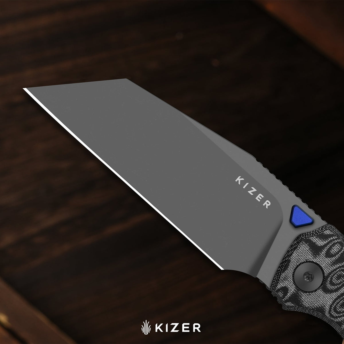 Wharning | Wharncliffe | Kizer Button Liner Lock™ | N690 | vortex pattern micarta | KizerV™ 3738BW4