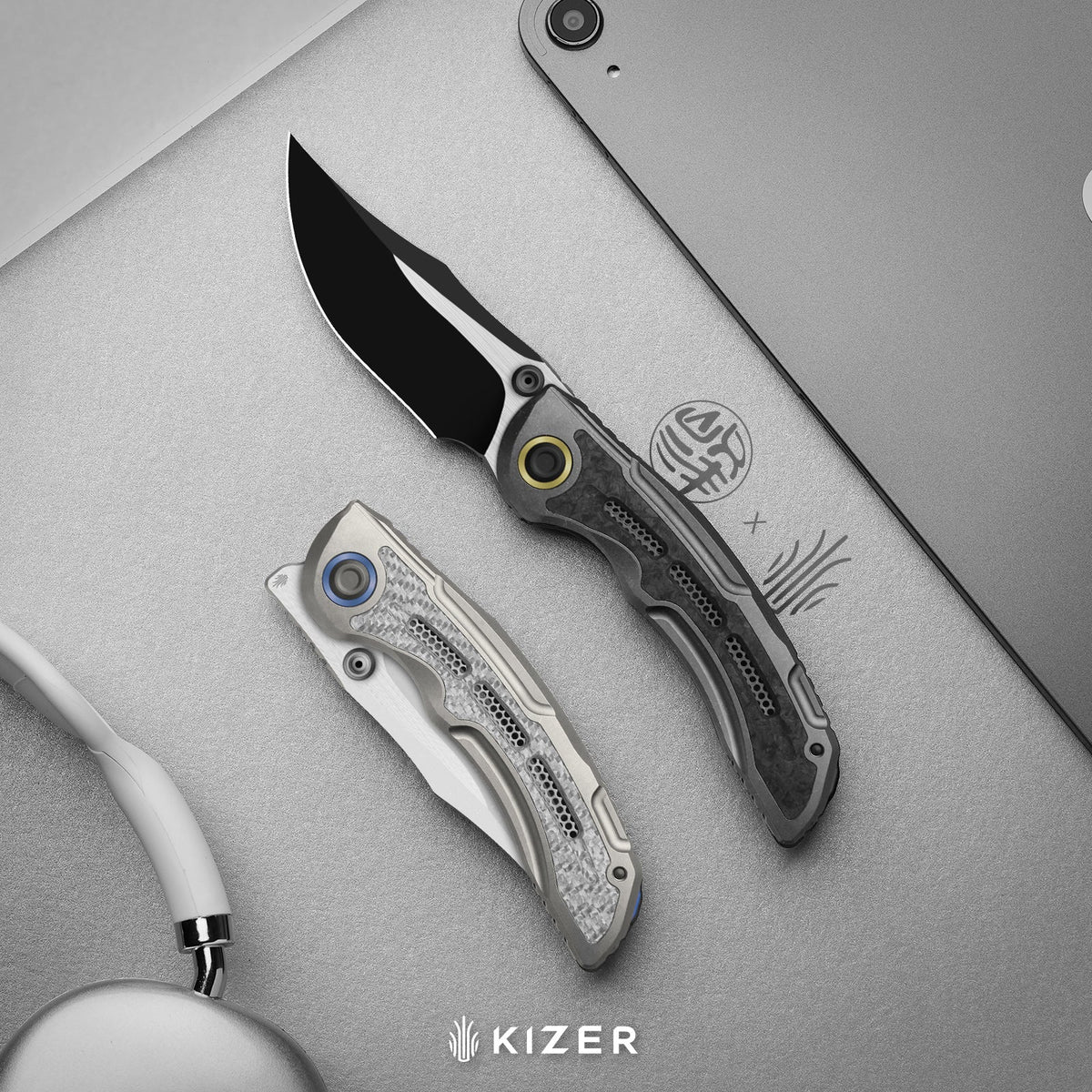 SILVER WING-LITE | S45VN+Black PVD Coating & Flat Brushed+Flat Grind | Titanium & Carbon Fiber | KizerB™ ZX-FK09A1