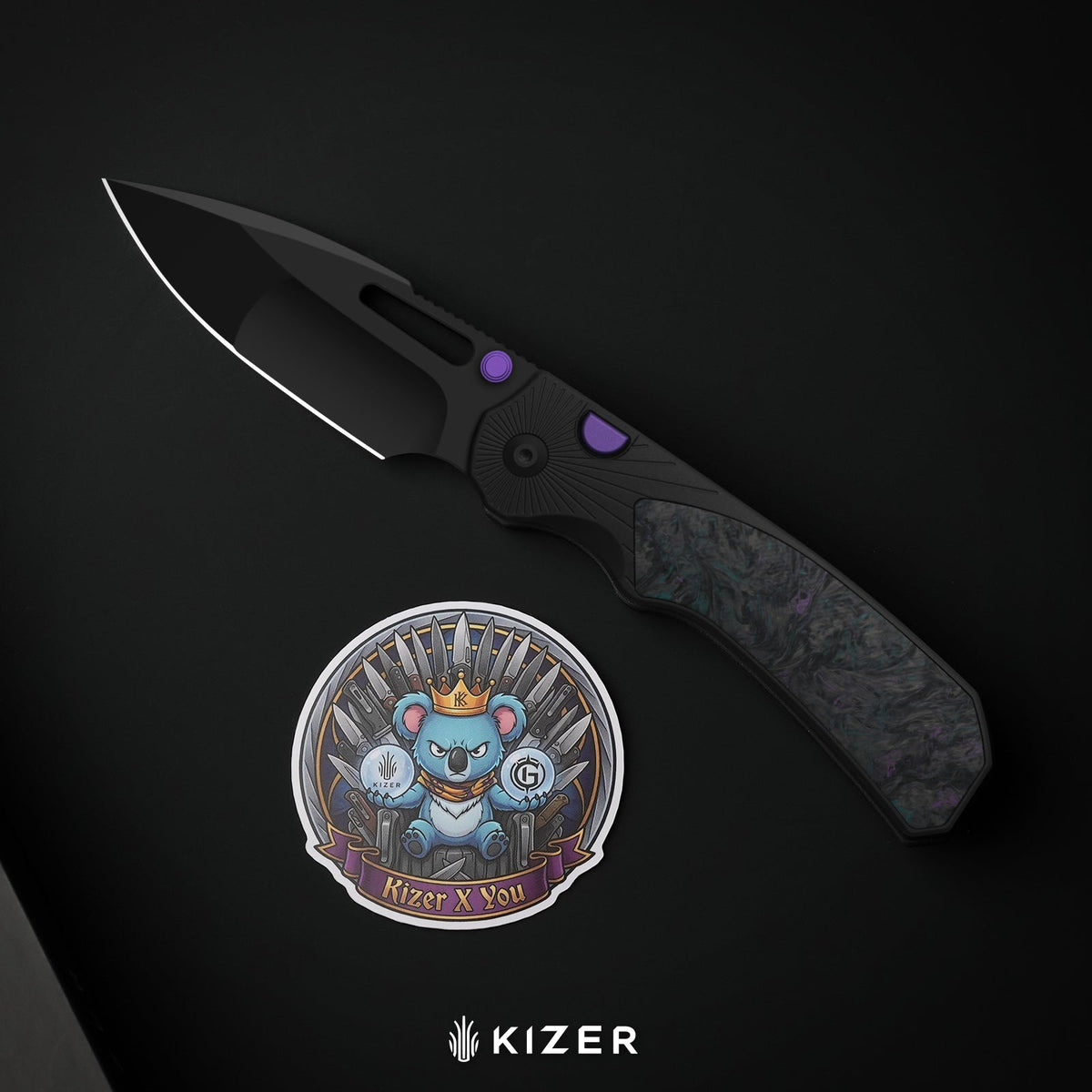 Durandal | Kizer Button Liner Lock™ | Aluminum &  Fatcarbon® Camo Gold  | S35VN + Gunmetal Gray PVD Coating | KizerB™ 3765BD2