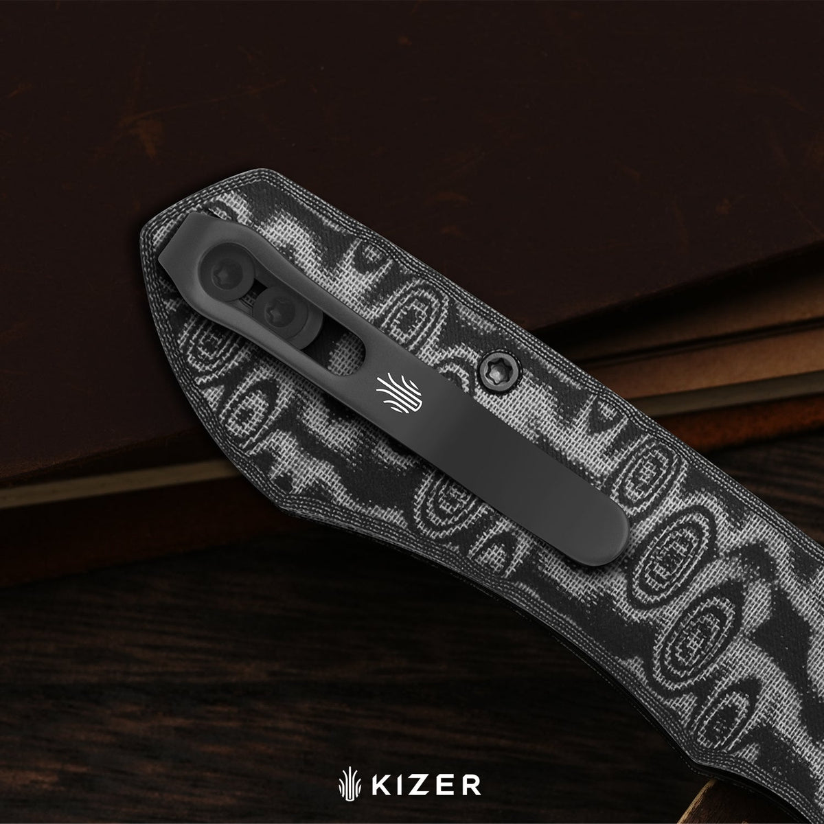 Wharning | Wharncliffe | Kizer Button Liner Lock™ | N690 | vortex pattern micarta | KizerV™ 3738BW2
