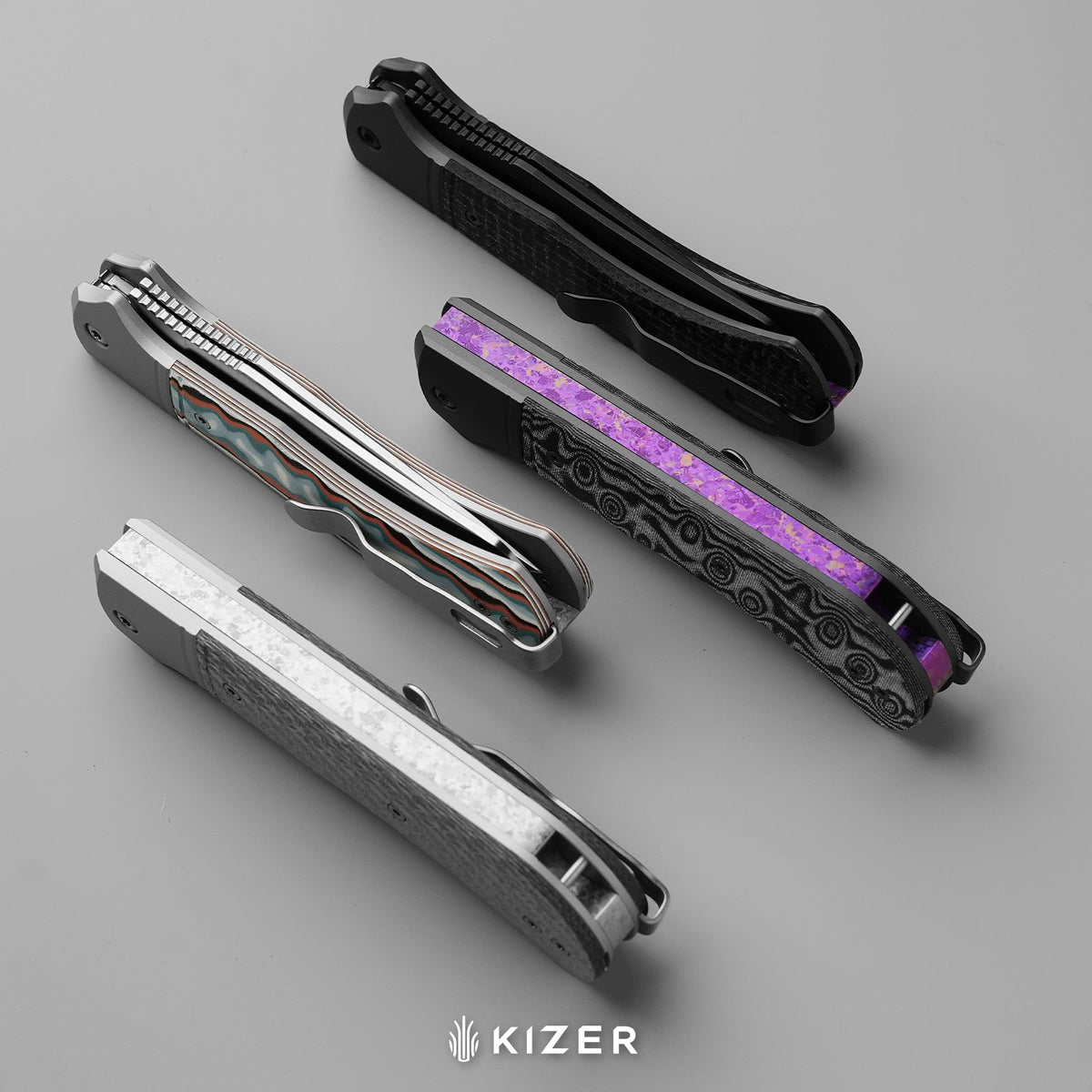Trestle TP AirTi｜BD1N Dual-Blade Clip Point & Spey Point | KStop™ 105° Half-Stop Trapper | Aluminum & vortex pattern micarta | KizerB™ 3761TPA4