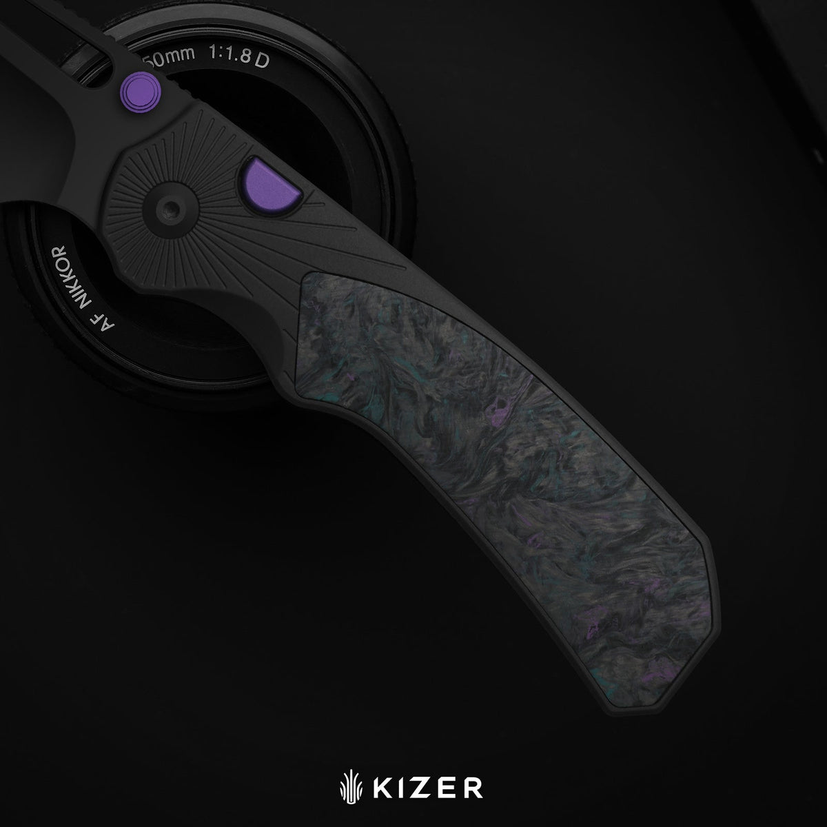 Durandal | Kizer Button Liner Lock™ | Aluminum &  Fatcarbon® Camo Gold  | S35VN + Gunmetal Gray PVD Coating | KizerB™ 3765BD2