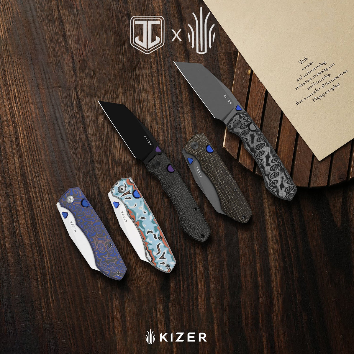 Wharning | Wharncliffe | Kizer Button Liner Lock™ | N690 | vortex pattern micarta | KizerV™ 3738BW4