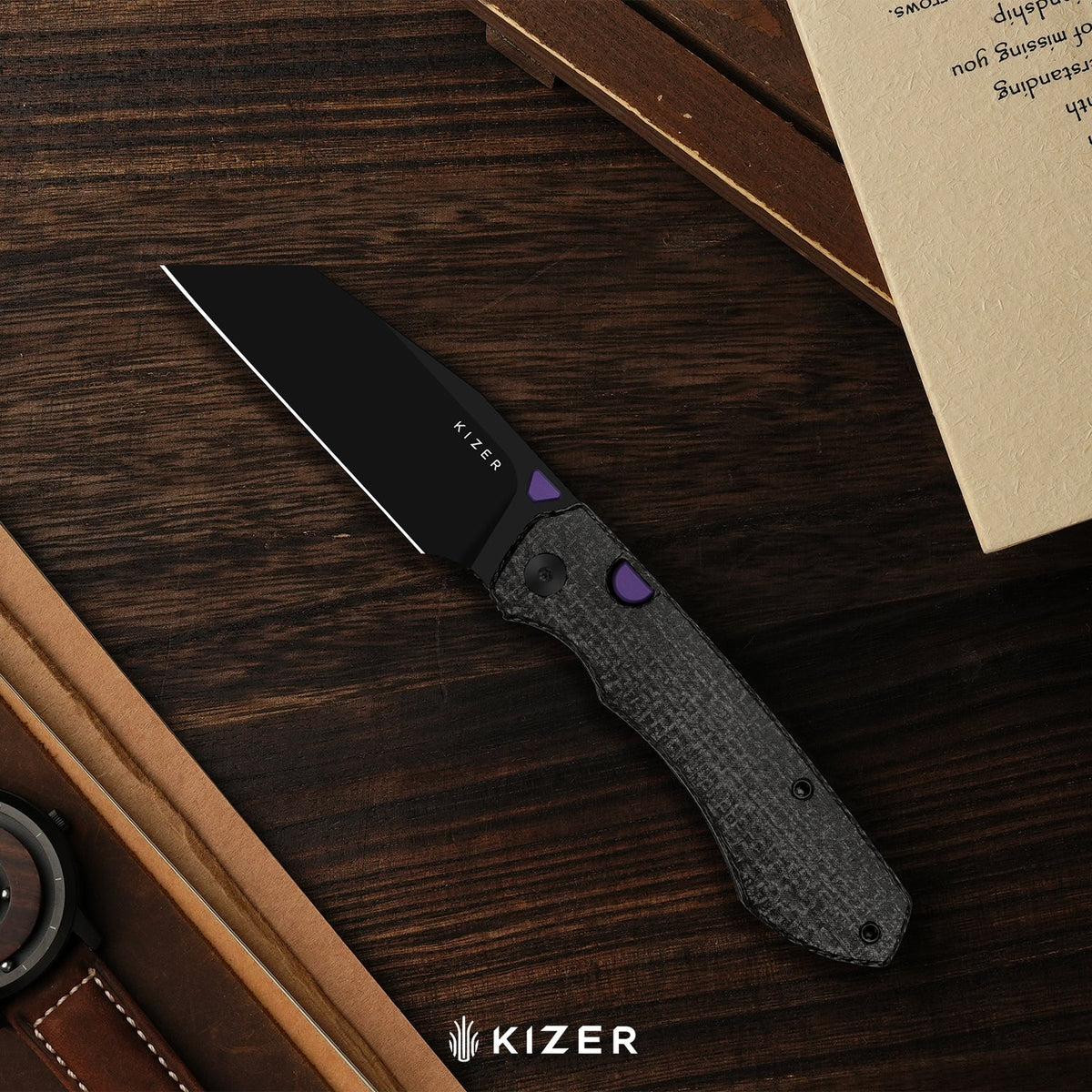 Wharning | Wharncliffe | Kizer Button Liner Lock™ | N690 | vortex pattern micarta | KizerV™ 3738BW2