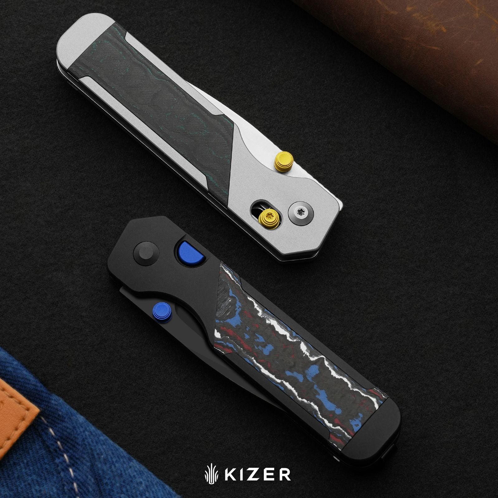 Militaw 315 KwikSwap™ | Kizer Clutch Lock™ | Elmax + Satin | Aluminum & Shipwreck CamoCarbon | KizerB™ 3634.31CDA2