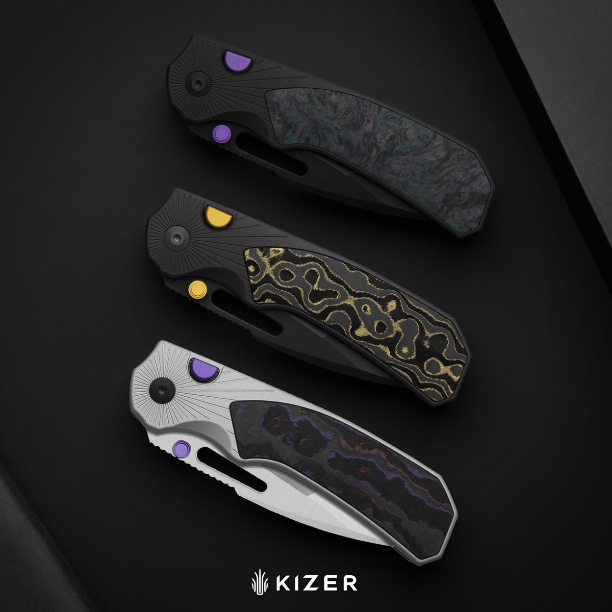 Durandal | Kizer Button Liner Lock™ | Aluminum &  Fatcarbon® Purple Haze  | S35VN + Satin | KizerB™ 3765BD3