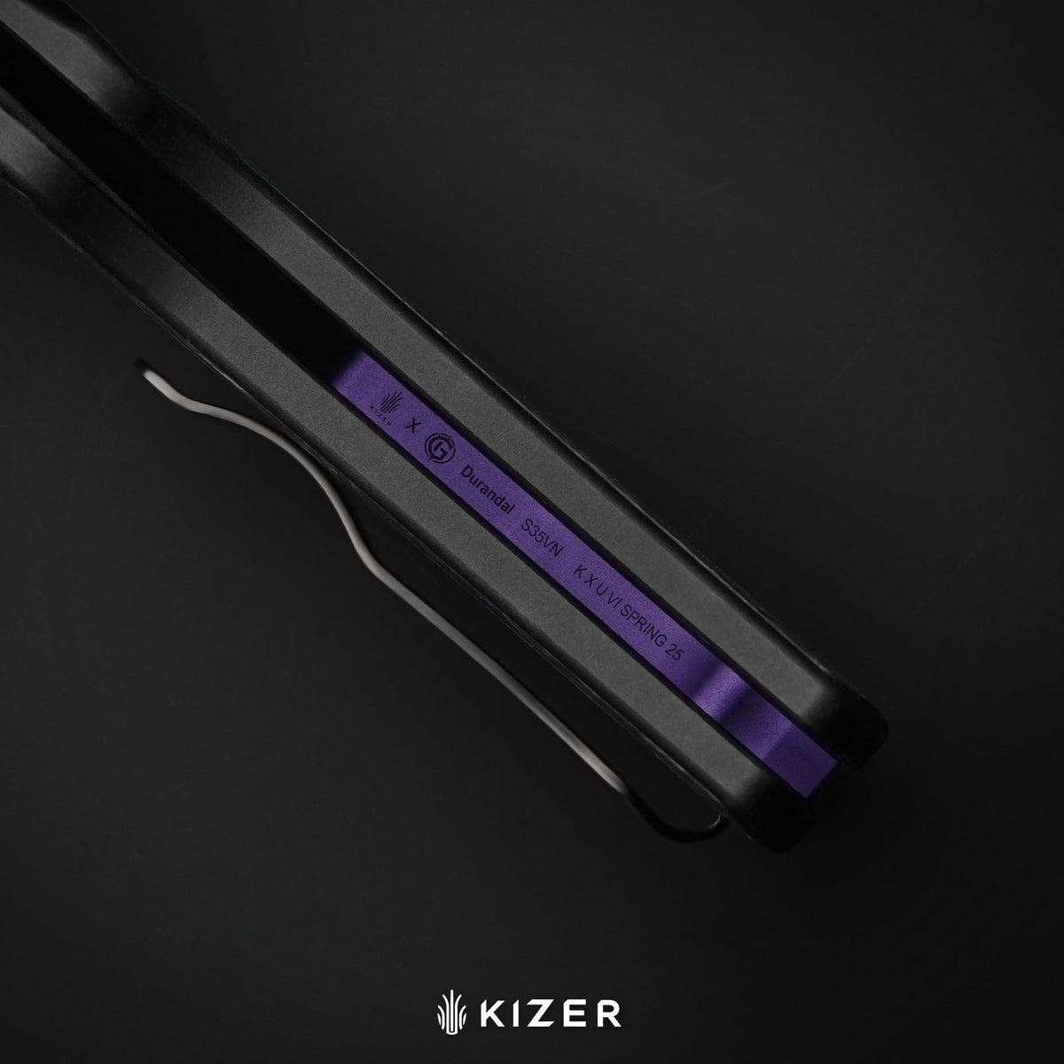 Durandal | Kizer Button Liner Lock™ | Aluminum &  Fatcarbon® Black Dark Matter  | S35VN + Black PVD Coating | KizerB™ 3765BD1