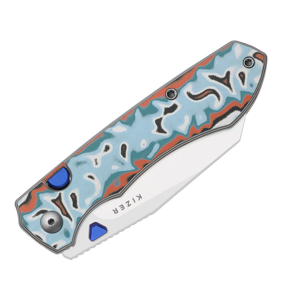 Wharning | Wharncliffe | Kizer Button Liner Lock™ | N690 | vortex pattern micarta | KizerV™ 3738BW4