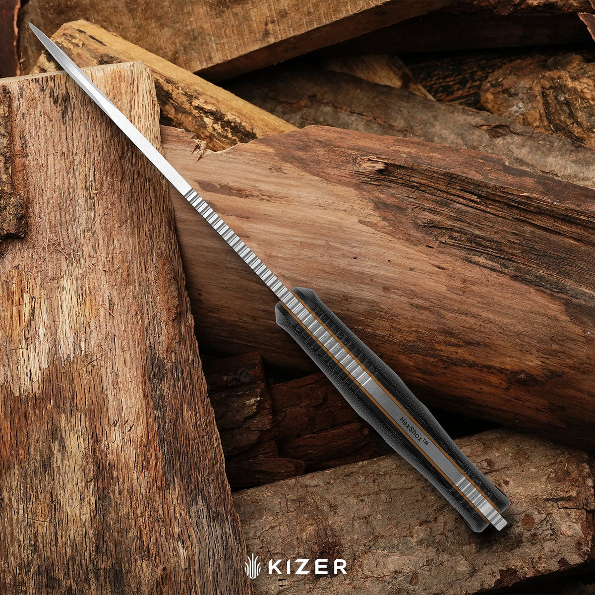 Drop Bear Fix 7 HexShox™ | AEB-L + Stonewashed | Micarta & Orange TPV | Drop Point | KizerV™ 1103HSD1