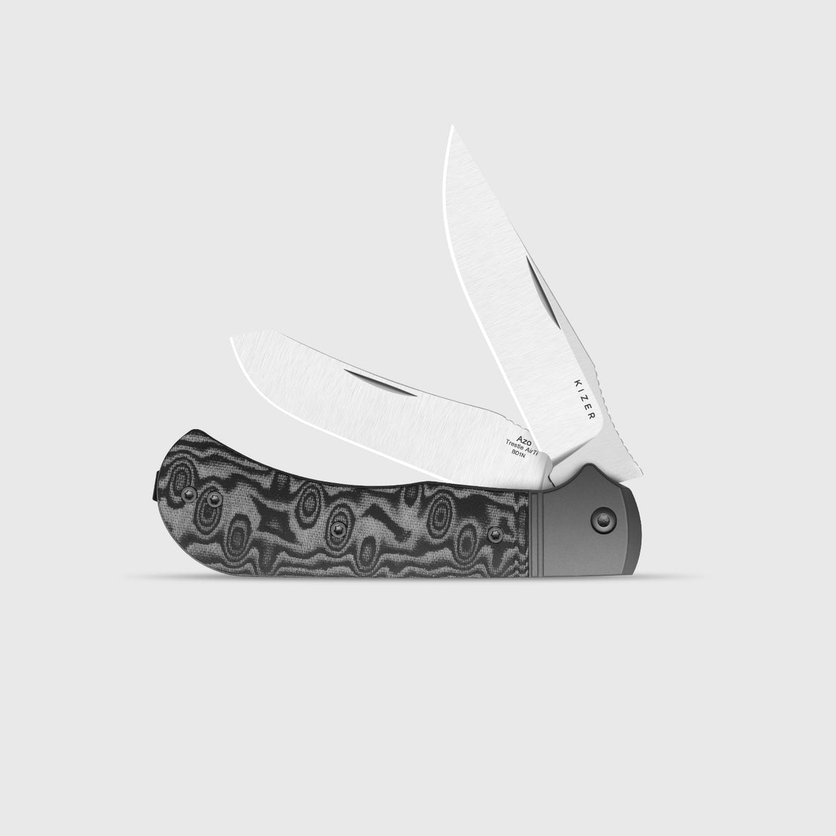 Trestle TP AirTi | BD1N Dual-Blade Clip Point & Spey Point | KStop™ 105° Half-Stop Trapper | Aluminum & vortex pattern micarta | KizerB™ 3761TPA2