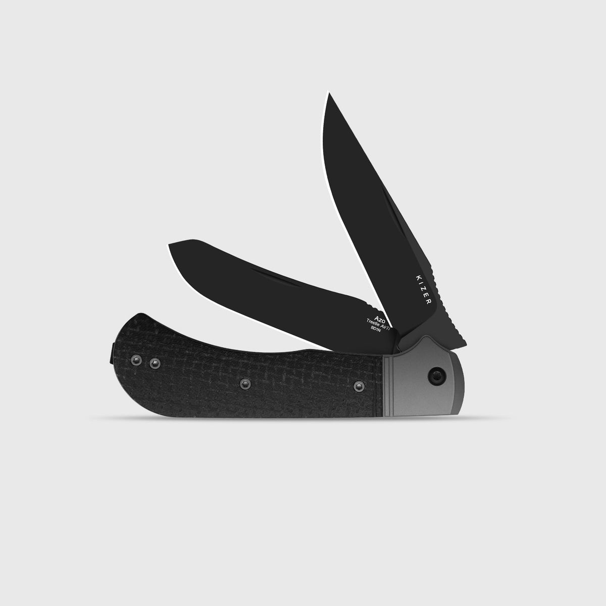 Trestle TP AirTi | BD1N Dual-Blade Clip Point & Spey Point | KStop™ 105° Half-Stop Trapper | Aluminum & Micarta | KizerB™ 3761TPA3