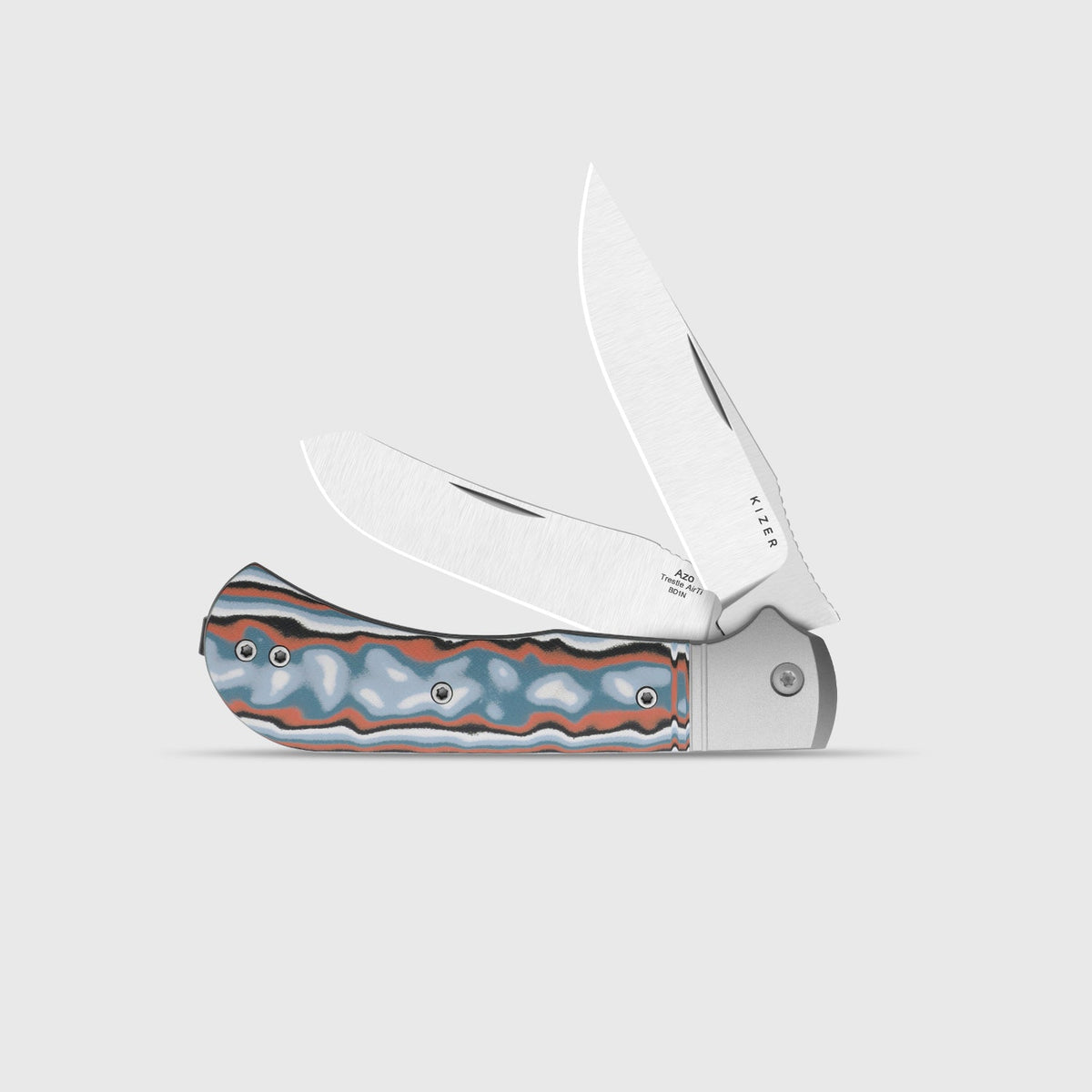 Trestle TP AirTi｜BD1N Dual-Blade Clip Point & Spey Point | KStop™ 105° Half-Stop Trapper | Aluminum & vortex pattern micarta | KizerB™ 3761TPA4