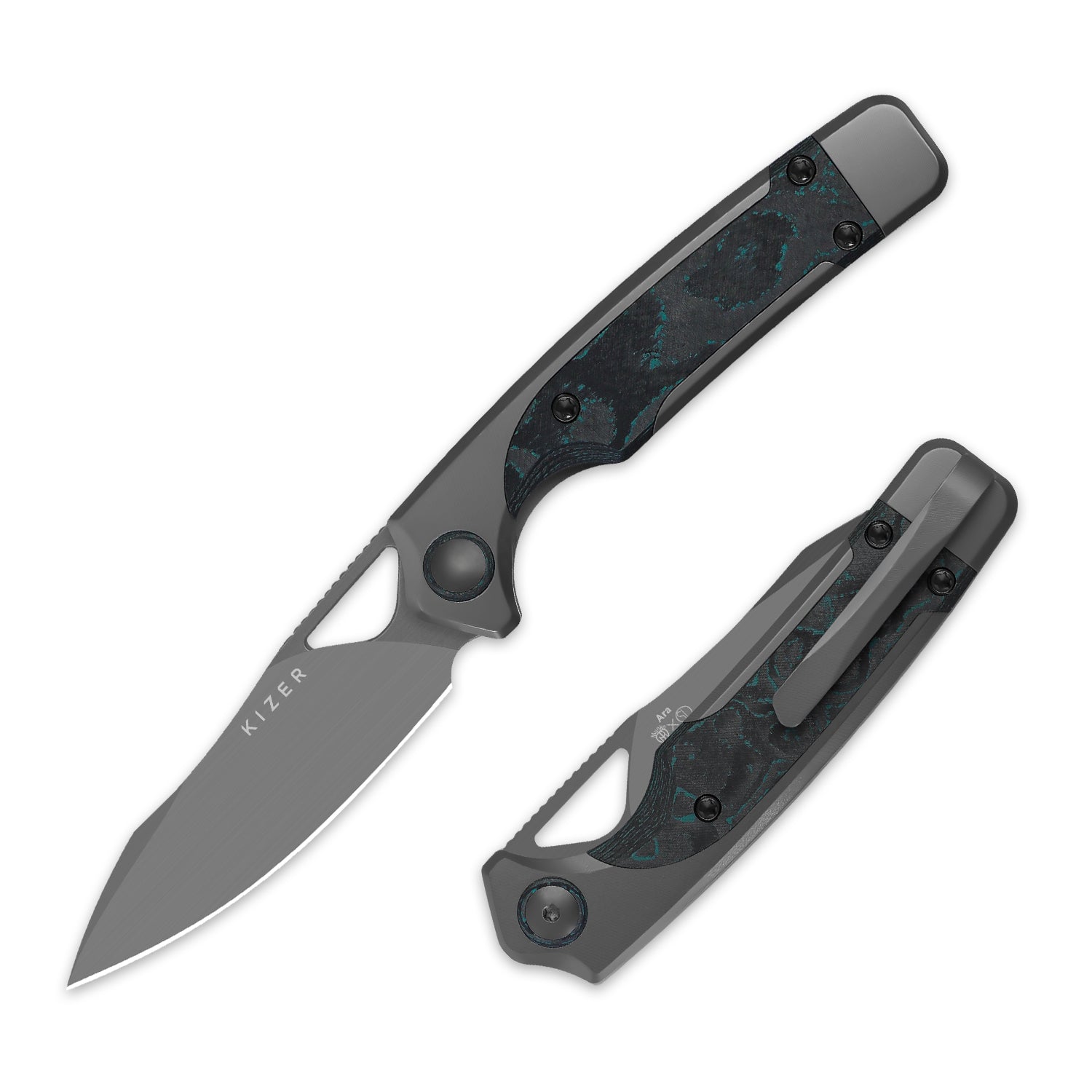 Ara | S45VN | Titanium & Camo Carbon Brittany Blue | KizerB™ 3729A2