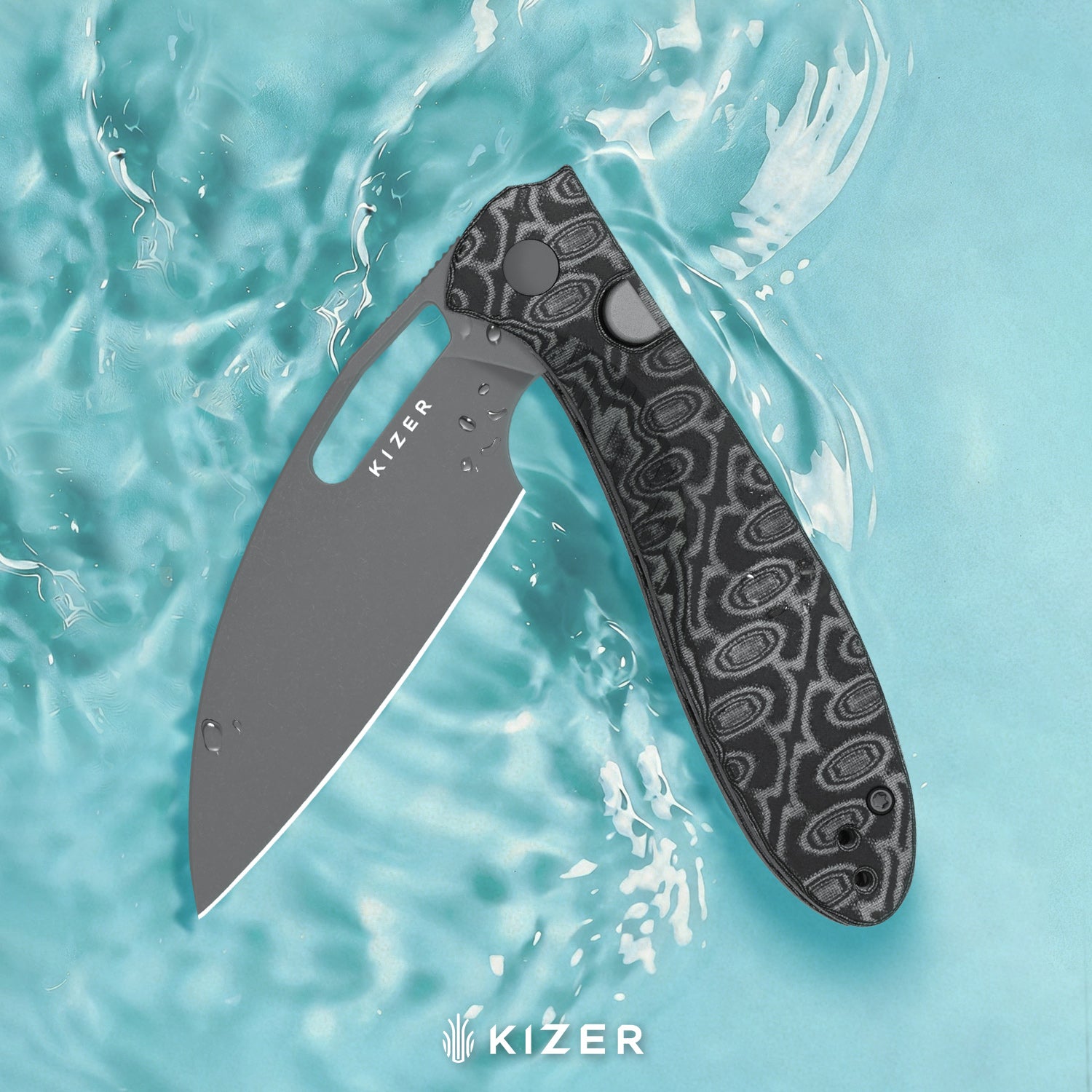 Masu | Kizer Button Liner Lock™ | GID Blue G10 | 14C28N | Vortex Pattern Micarta | KizerV™ 3697A2