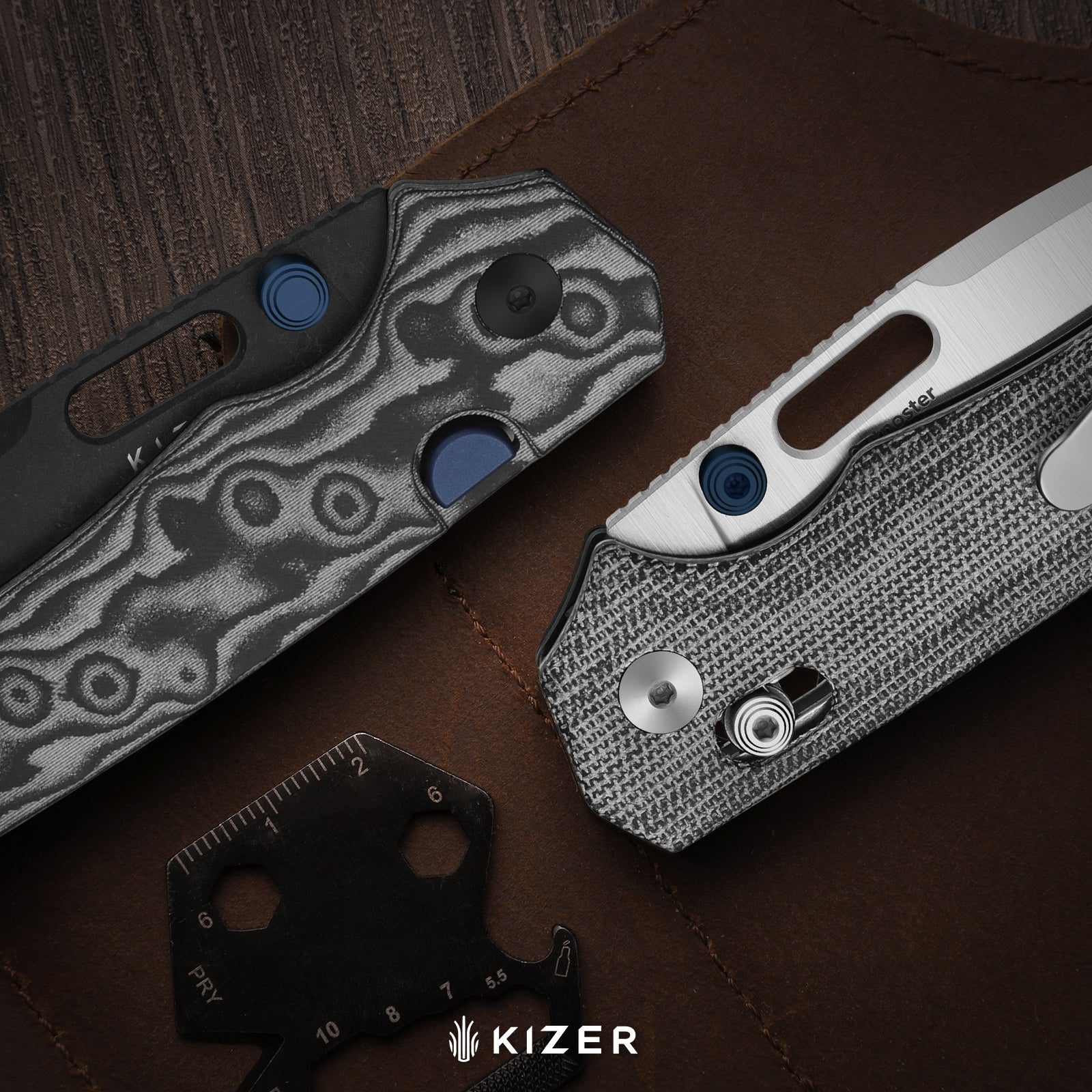 Outposter | Kizer Button Liner Lock™ | Vortex Pattern Micarta  | Nitro-V + PVD Coating & Stonewashed | KizerV™ 3802BDA2