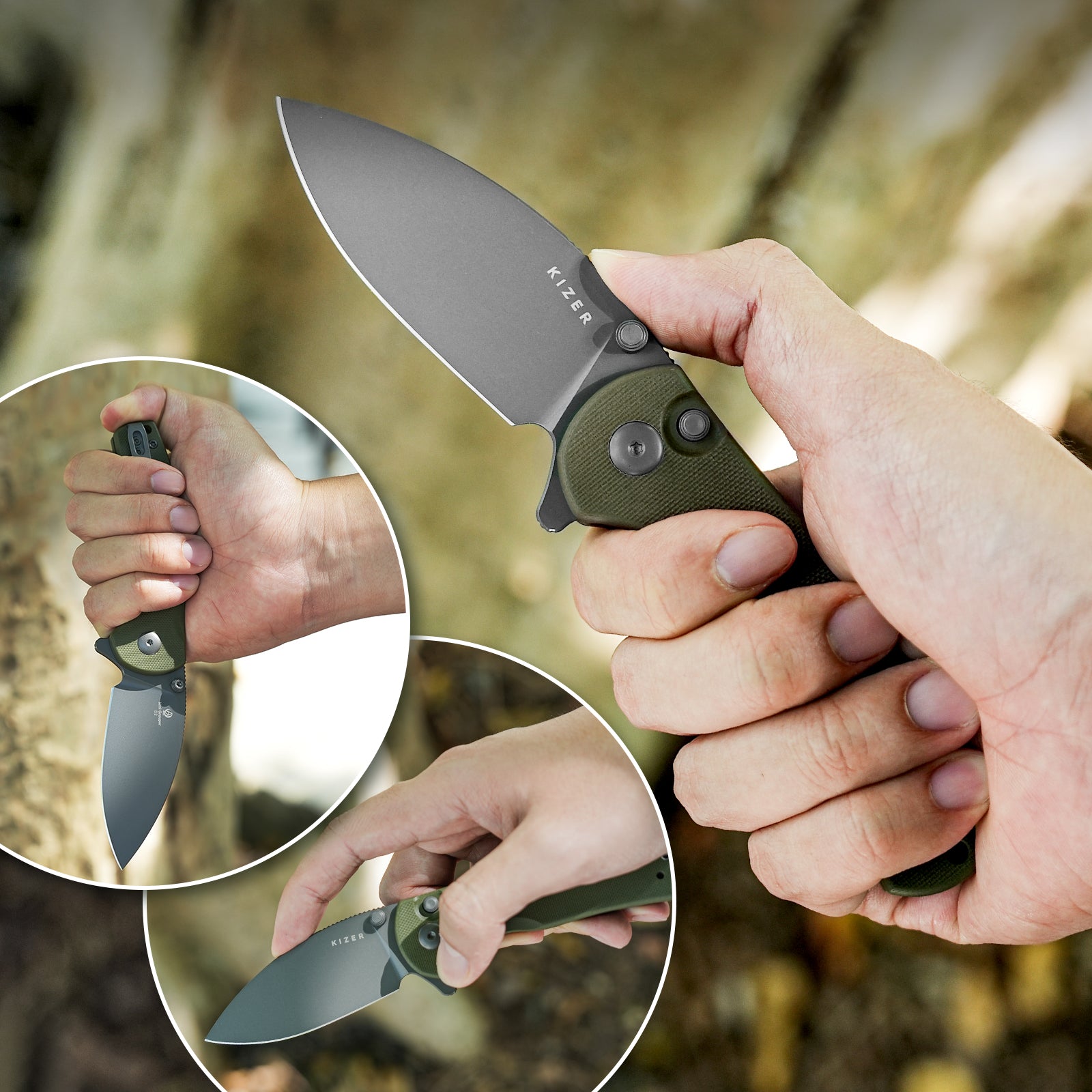 Mini Grouper | D2 | Olive Green G10 | KizerV™ 3669A3