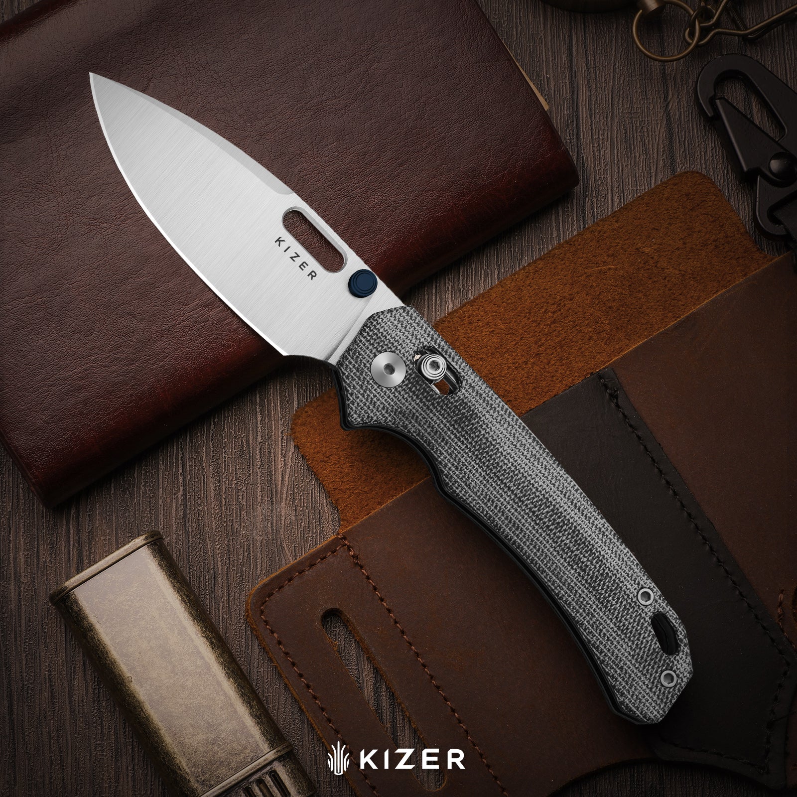 Outposter | Kizer Button Liner Lock™ | Vortex Pattern Micarta  | Nitro-V + PVD Coating & Stonewashed | KizerV™ 3802BDA2
