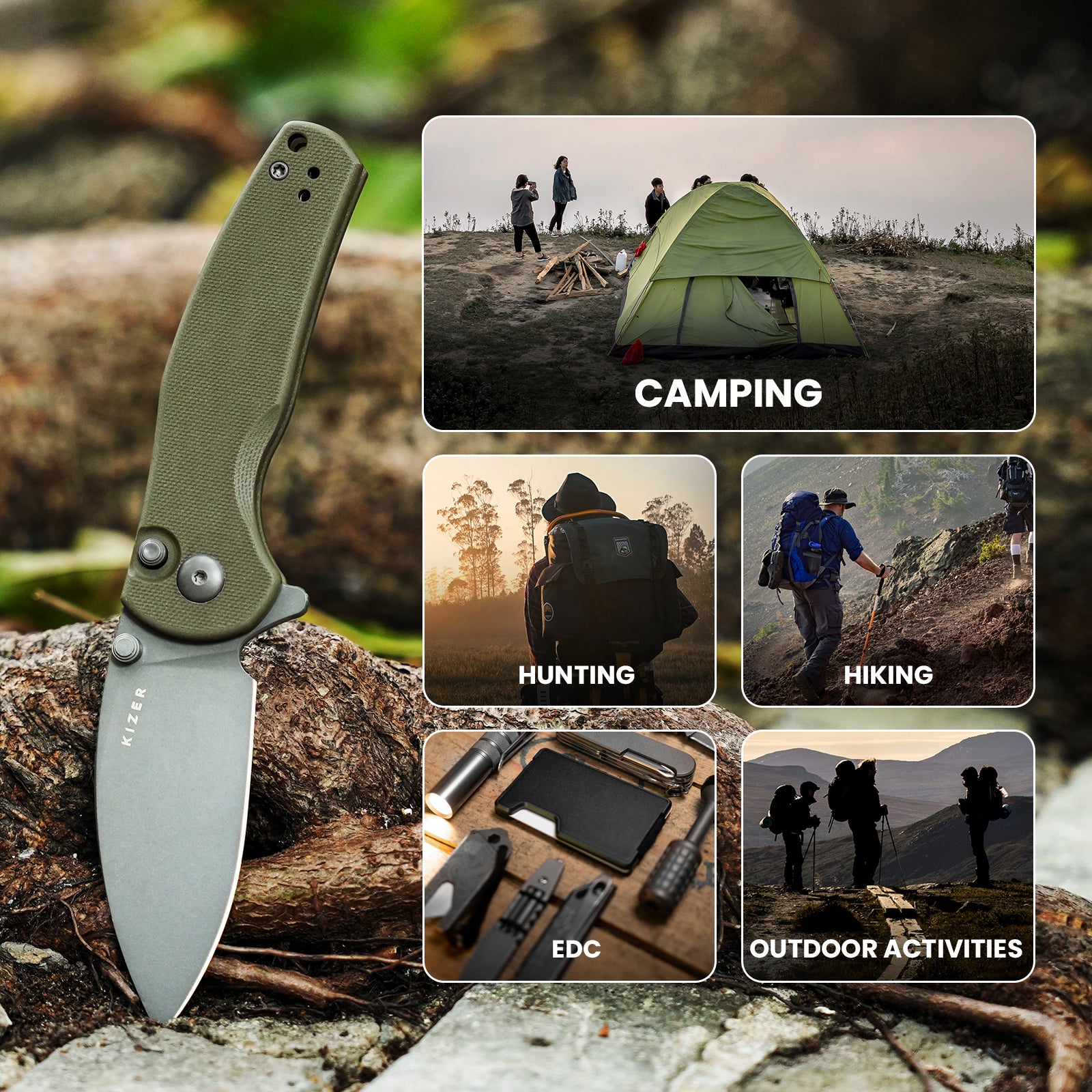 Mini Grouper | D2 | Olive Green G10 | KizerV™ 3669A3