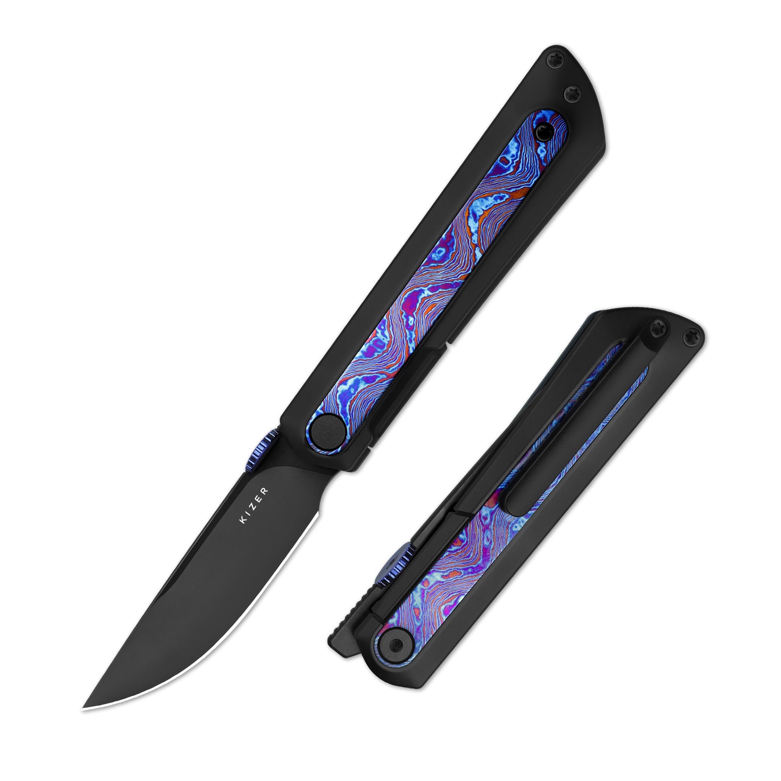 Quoll | S45VN | Titanium & Titanium Damascus | Brushed | Matte DLC.Ultra | KizerB™ 3733A3