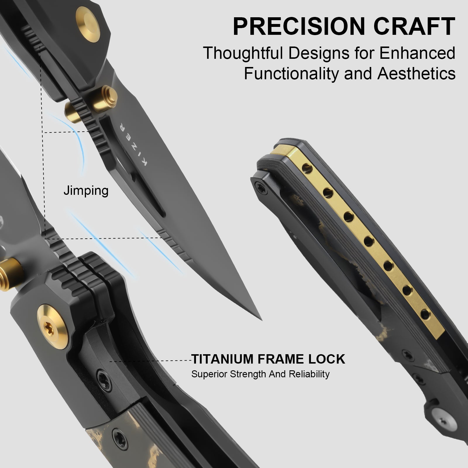 Shrike | S45VN | Titanium & Fat Carbon Camo Gold | Matte DLC Ultra | Front Flipper | KizerB™ 3746A2